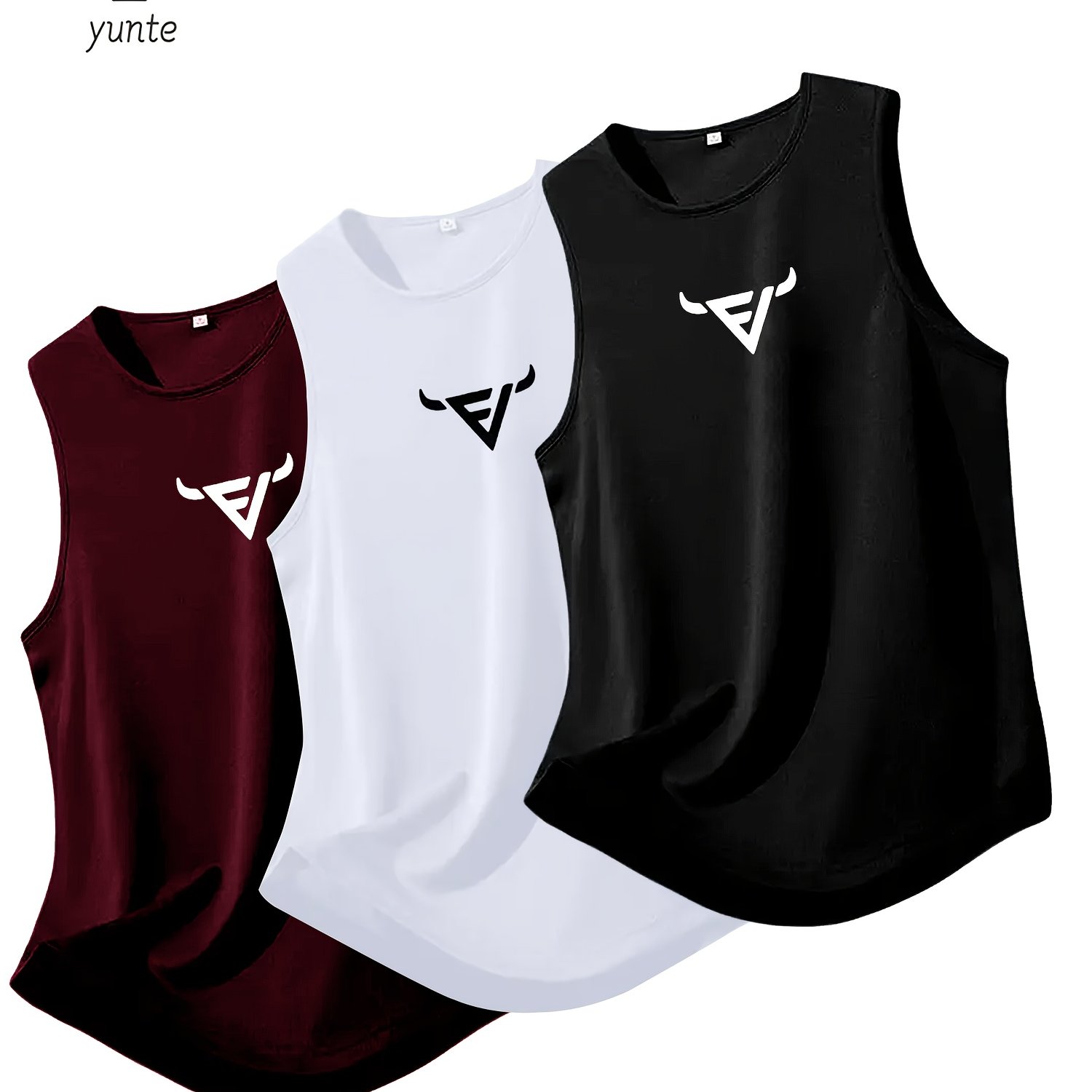 E-shop 3er-Set Herren Sport-Tanktops aus atmungsaktivem Polyesterfasermaterial mit verschiedenen Aufdrucken: Stierkopf-Dreiecks-Muster – Ärmellose Tops