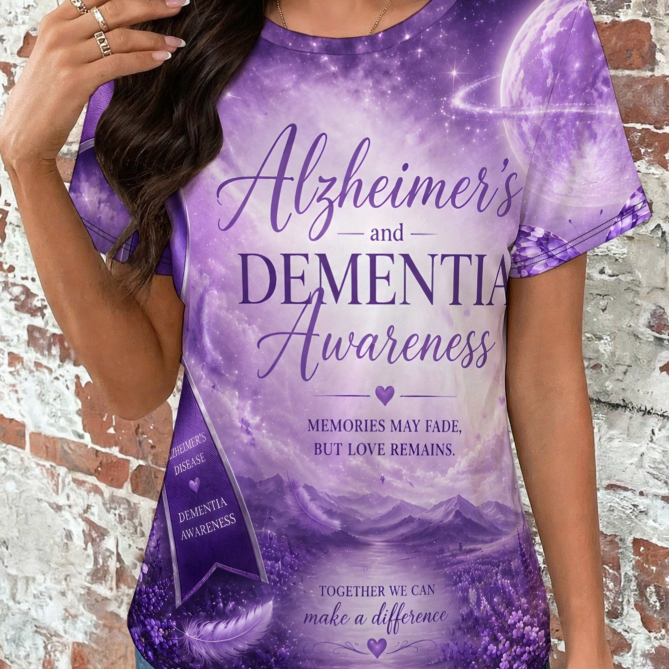 TEMU 's And Dementia Awareness Women's Casual Short Sleeve T-shirt With Printed Design - No Texture//sequins
