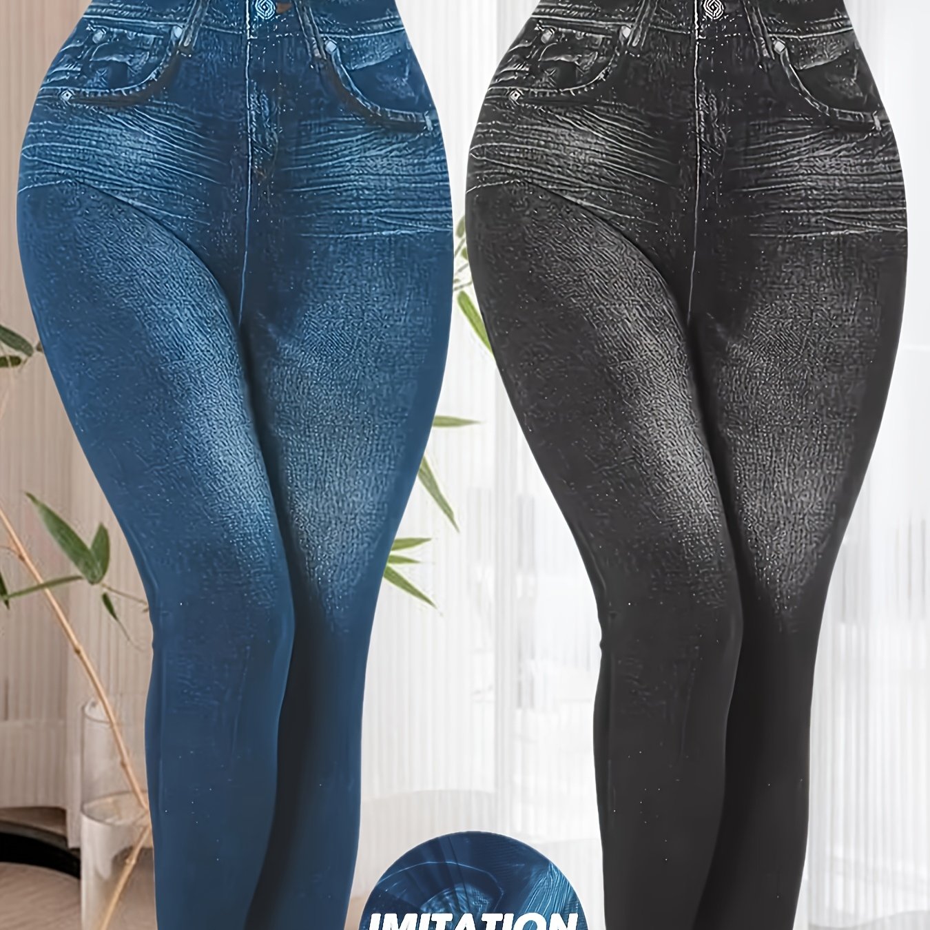 E-shop Plus Size - Plus Size - Zweiteilige Damen Leggings im Casual-Stil für alle Jahreszeiten in Übergröße mit elastischem Jeans-Look - Hohe