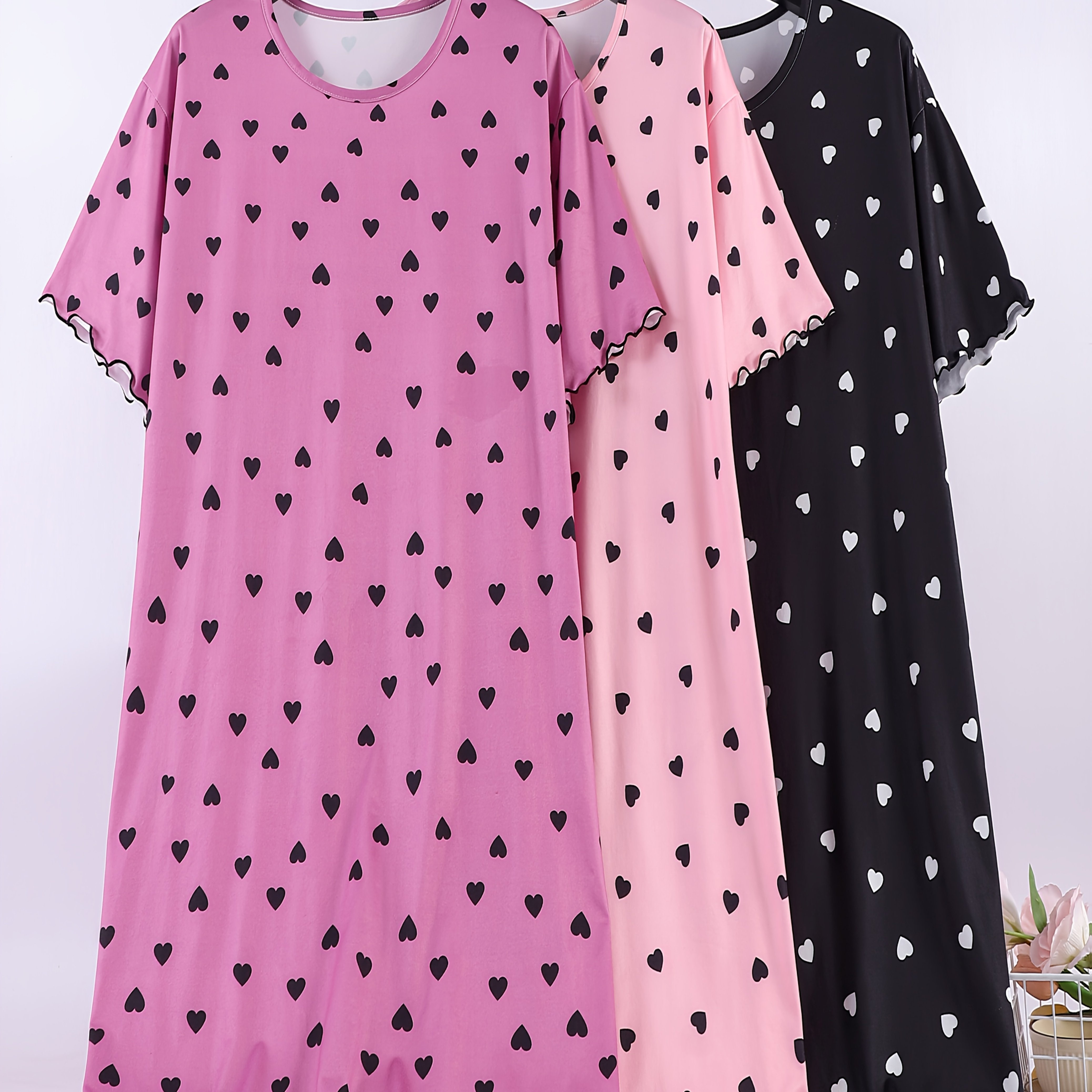 TEMU 3-delige set korte mouw zomer nachthemd losse plus size dames ronde hals korte mouw zomer hart LOVE klein print comfortabel duurzaam thuis