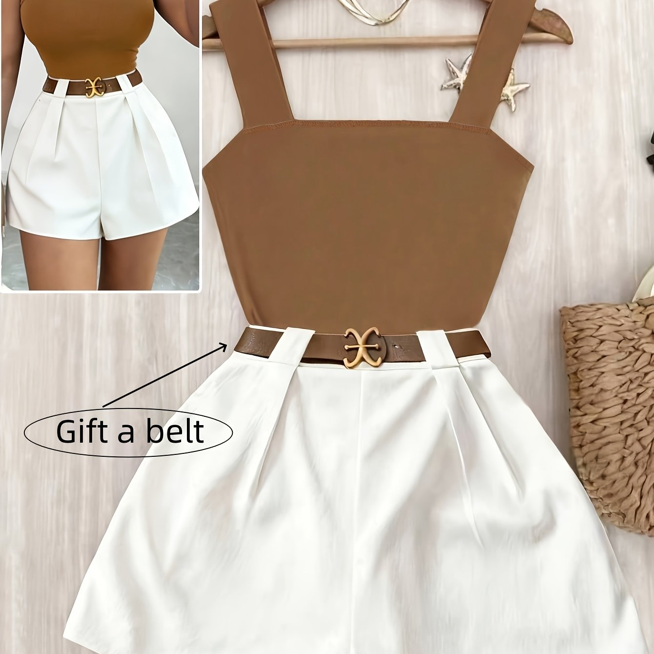 TEMU Women's 2pcs Vacation Casual Set, Pure Solid Color Fitted Square Cami Top And White High-waist Elastic Wide-leg Shorts With Belt, 2026