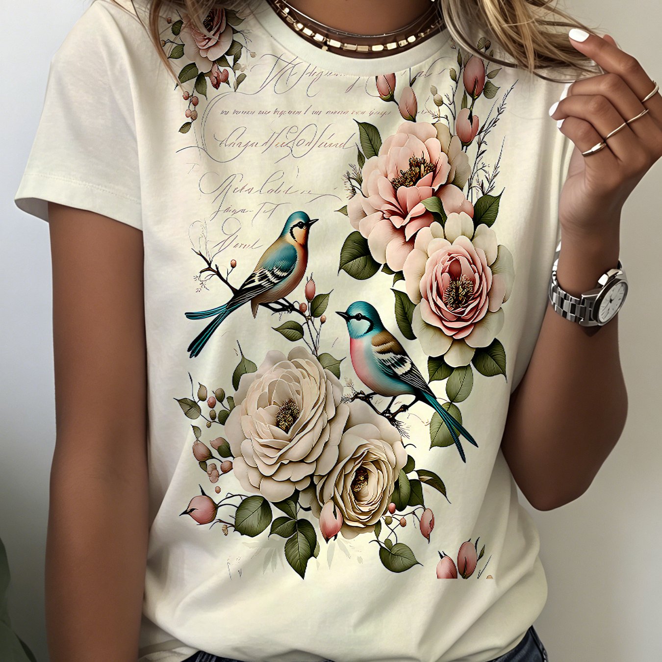 TEMU 2026 Summer New Arrival Women's Fitted Round Neck Short Sleeve Base Tee With Floral And Bird Print - Suitable For Daily Summer Wear And Lounging