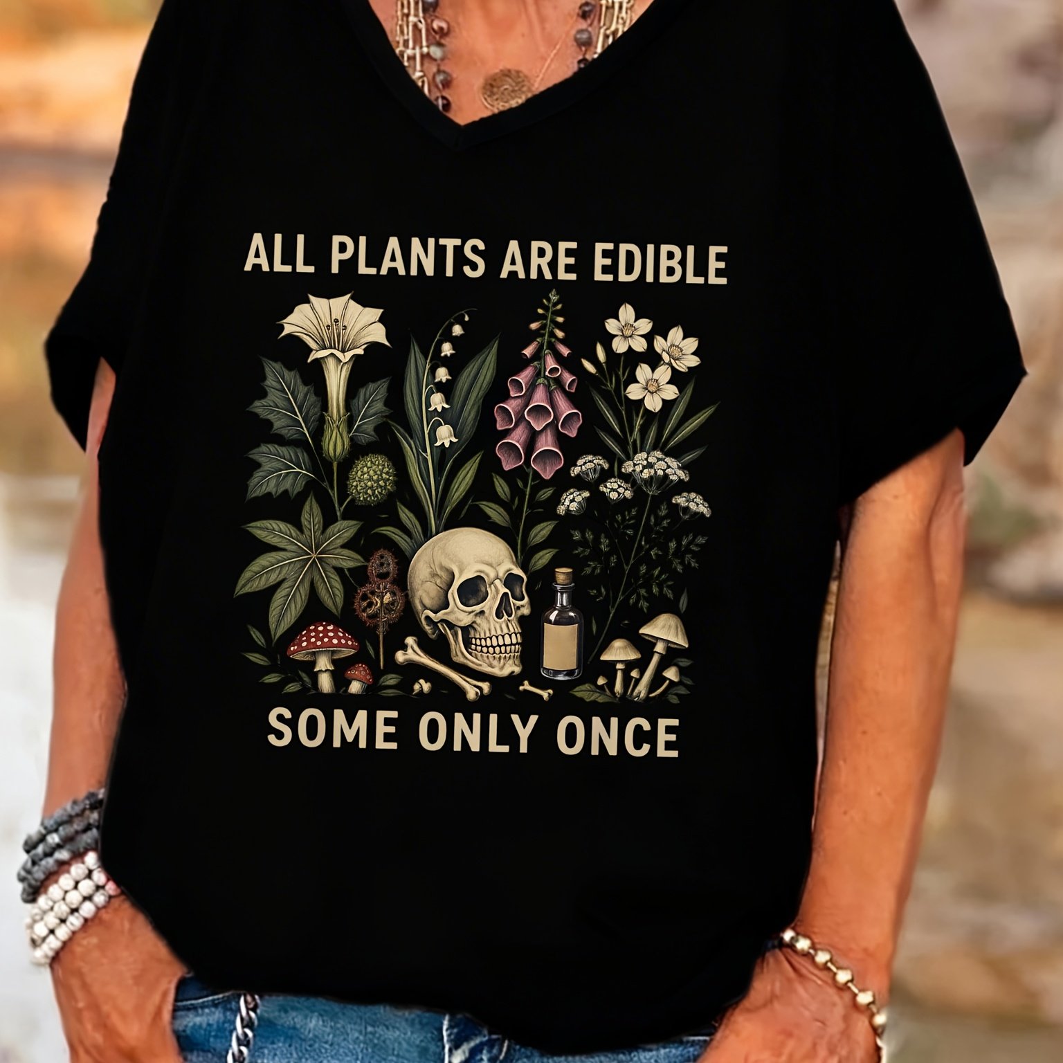 TEMU Plus Size, Casual Vintage Women's V-neck Batwing Sleeves T-shirt All Plants Are Consumable Some Skull And Mushroom Botanical Print Summer Fall