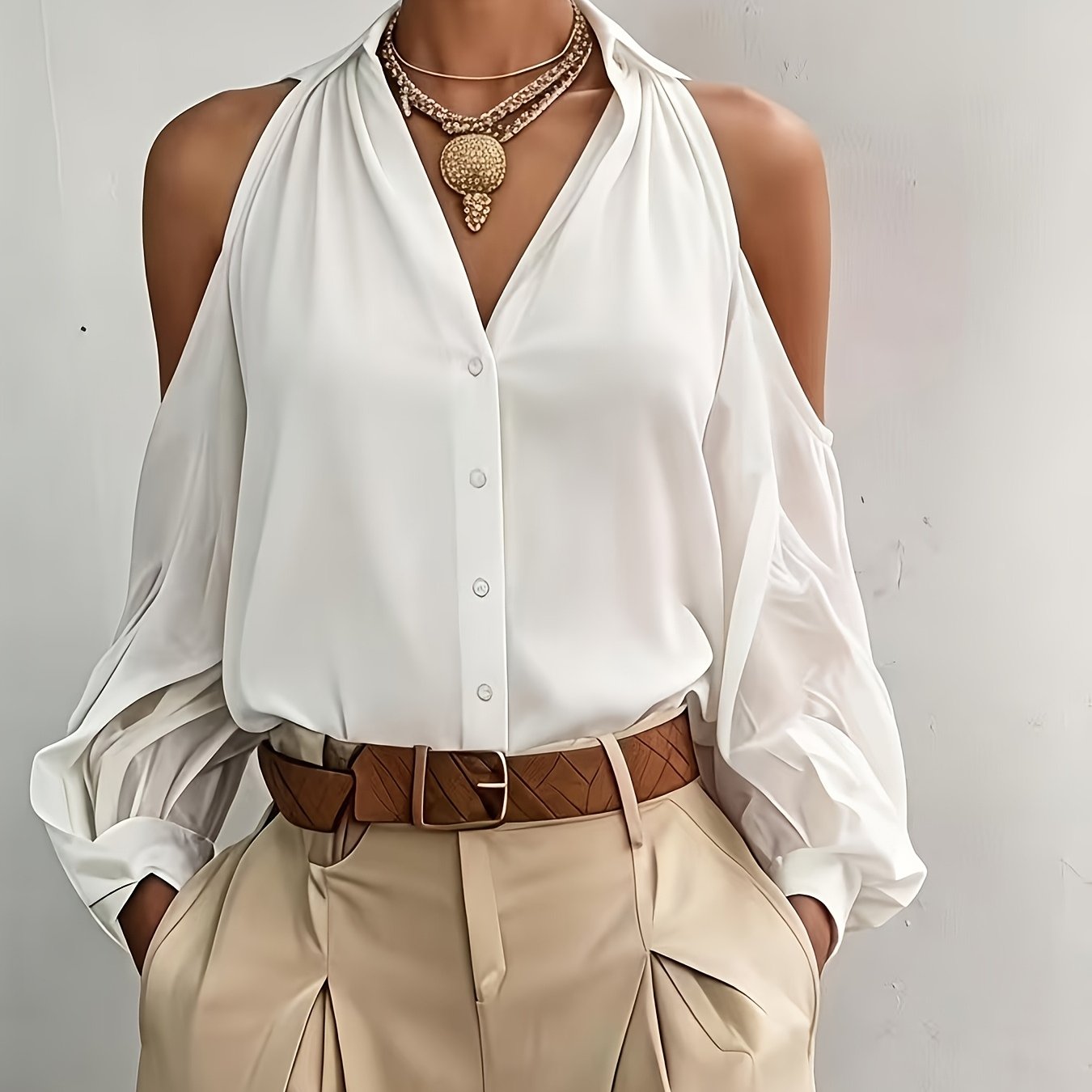 E-shop QD260115185 Elegantes Damen-Top, Sommer-Bluse in Uni-Farbe mit freiliegenden Schultern, Langarmshirt mit Revers für Pendeln Dating