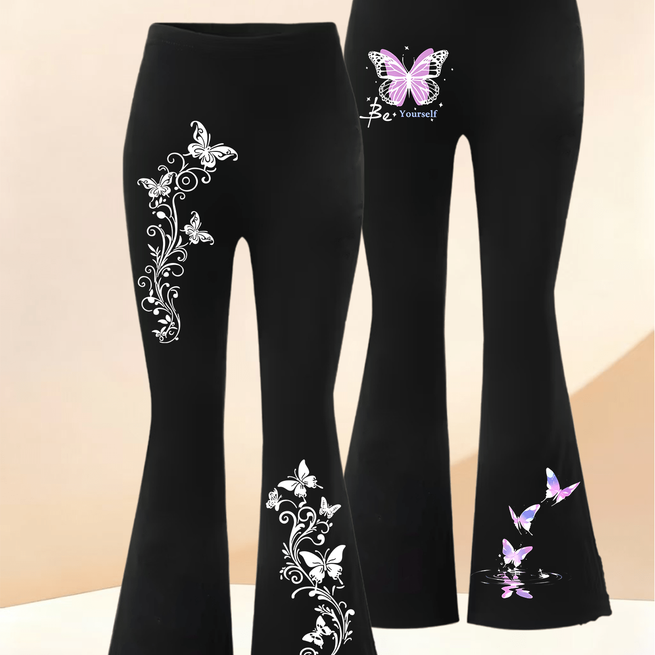 E-shop 2er-Pack Damen Schlaghosen mit hohem Stretchanteil - Schmetterlingsdruck - Bequem elegant für Freizeit formelle Kleidung - Überlänge für alle