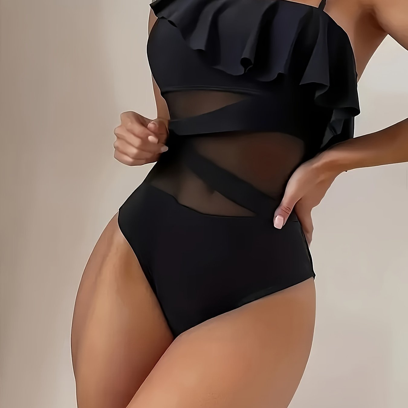 Women's Stylish One-piece Swimsuit, Perfect For Beach Parties, Featuring A Mesh Off-shoulder Design