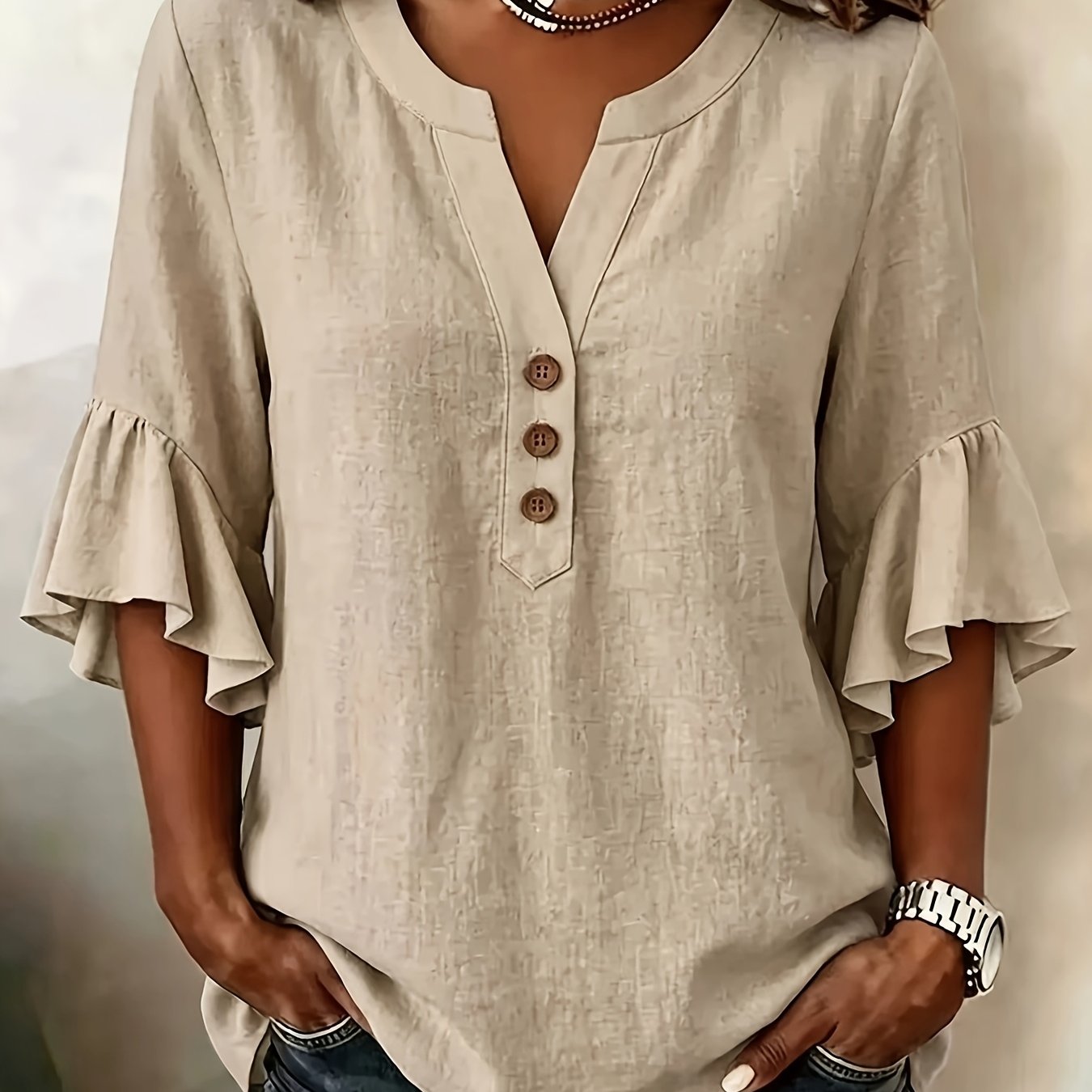TEMU Solid-color V-neck Three-quarter Sleeve Dress With Ruffles Is A Comfortable Piece Suitable For Women To Wear