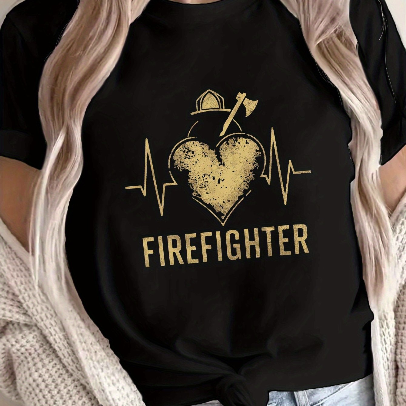 TEMU Casual Short-sleeve Crew Neck T-shirt For Women Featuring A Firefighter Print, Perfect For Spring And Summer