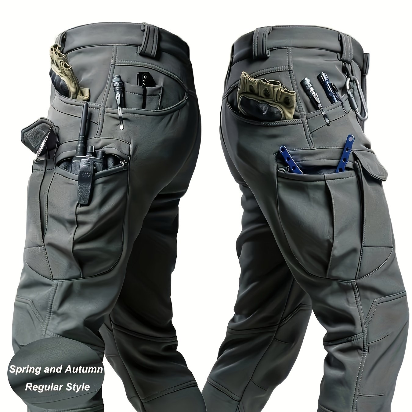 TEMU Men's Multi- Pants - Men's Outdoor Casual Tactical Trousers - 90.7% Polyester, 9.3% Spandex - Durable Fabric With Elastic Waist - Regular Fit,