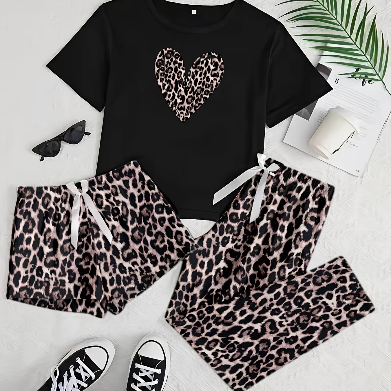 Women's Pajama 3pcs Set, Leopard Print With Leopard Print Shorts And Long Pants