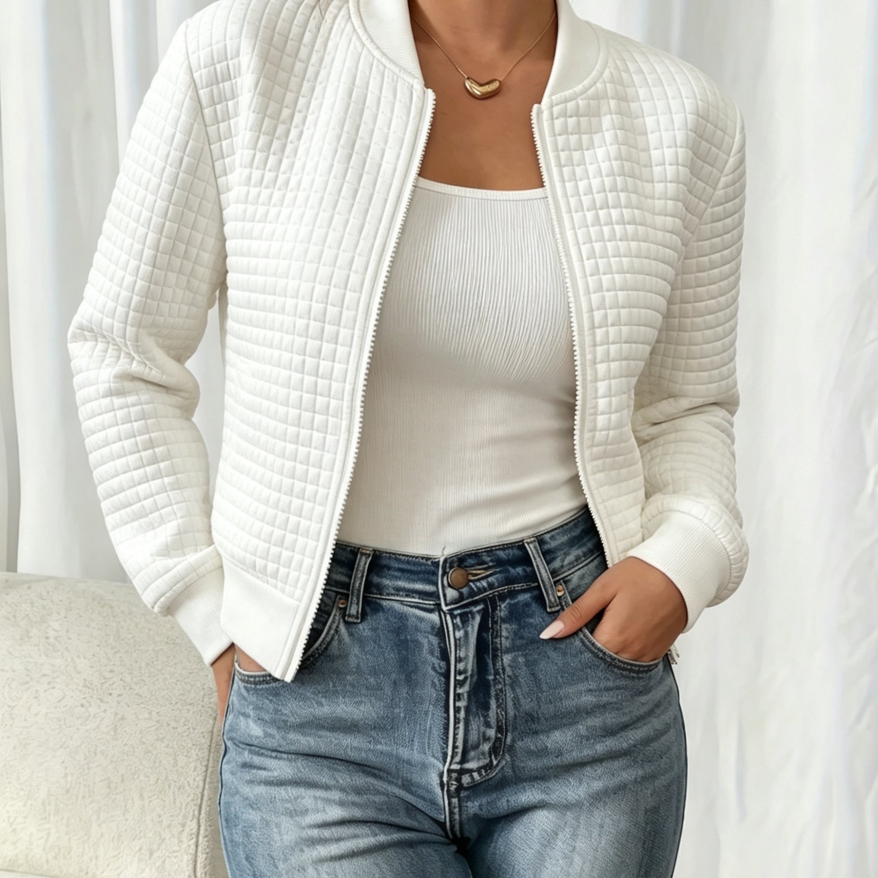 TEMU Women's Retro Rhombus Quilted Baseball Jacket - Zip-up Short Jacket With Stand Collar, Lightweight Outerwear Suitable For Spring/autumn, Machine