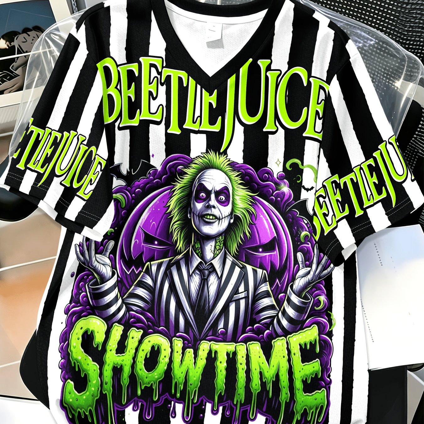 TEMU Beetlejuice. Plus Size Men's Digital Printed V-neck Short Sleeve T-shirt. Retro Style. Stripes. Color Blocking. Graffiti Style. Outdoor Sports.