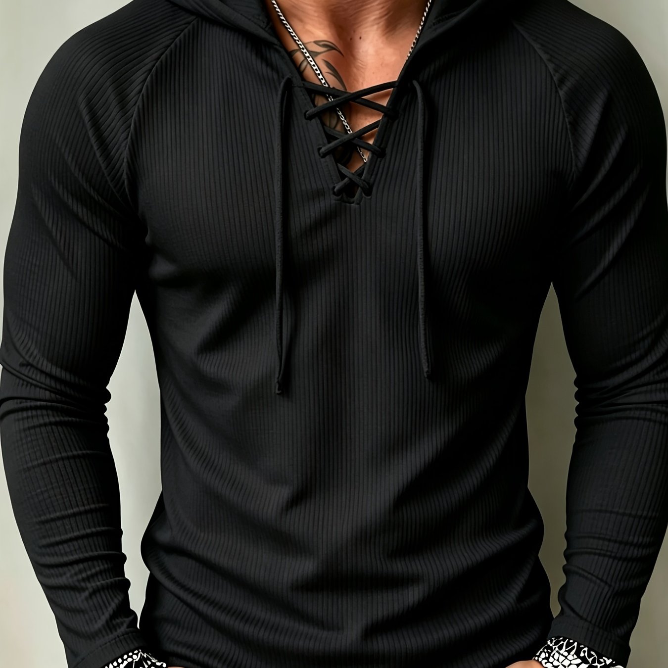 TEMU [ Mei Obm] Men's Ribbed Drawstring Hoodie - Slim Fit Long Sleeve Pullover, With Adjustable Hood And Stretchy Fabric, Perfect For Casual Wear