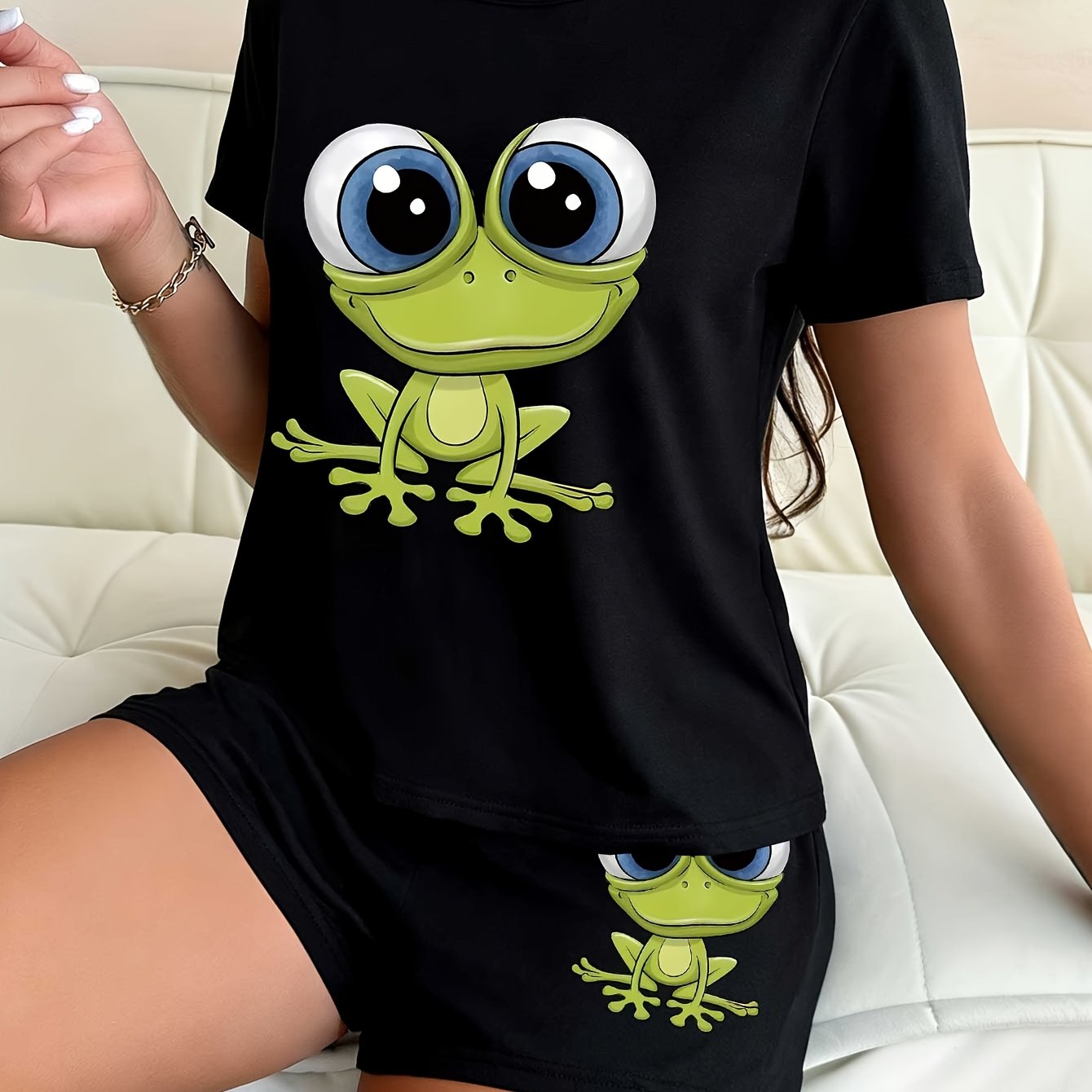 TEMU 2pcs Women's Short Sleeve Shorts Loungewear Set - Cute Cartoon Print, Short Sleeve Top, Shorts, Breathable And Comfortable, Bow Detail, Suitable