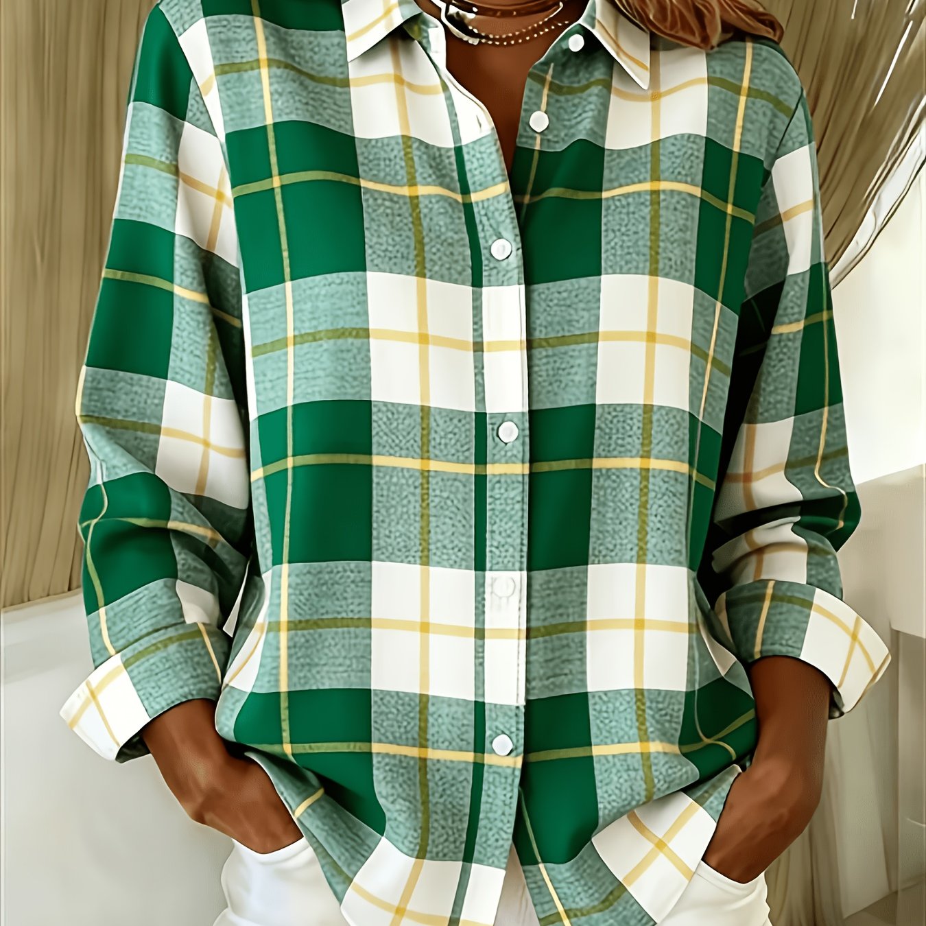 TEMU [printed Design â Not Textured] Women' And White Shirt - Long Sleeve Button-up Top, Design, Machine Washable, Elegant Series, Apparel |