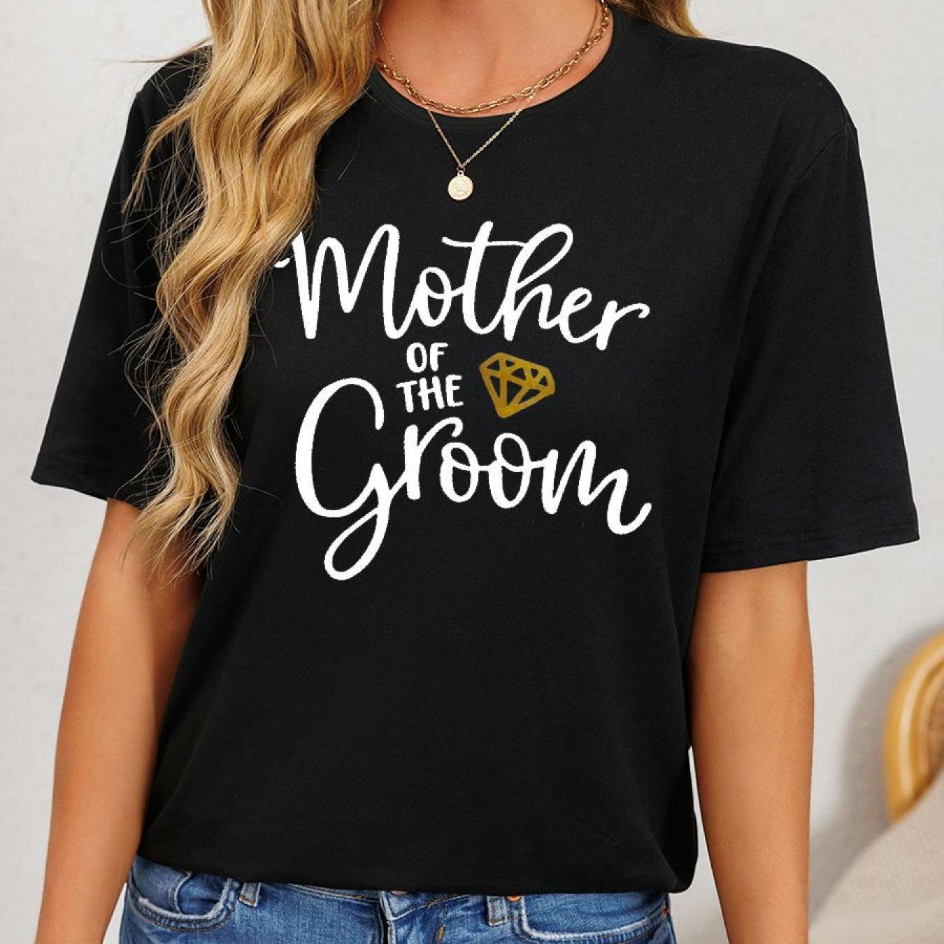 TEMU Women's "mother Of The Groom" Graphic Tee, Casual Crew Neck T-shirt, 95% Polyester 5% Elastane, Short Sleeve, Regular Length, Floral Pattern,