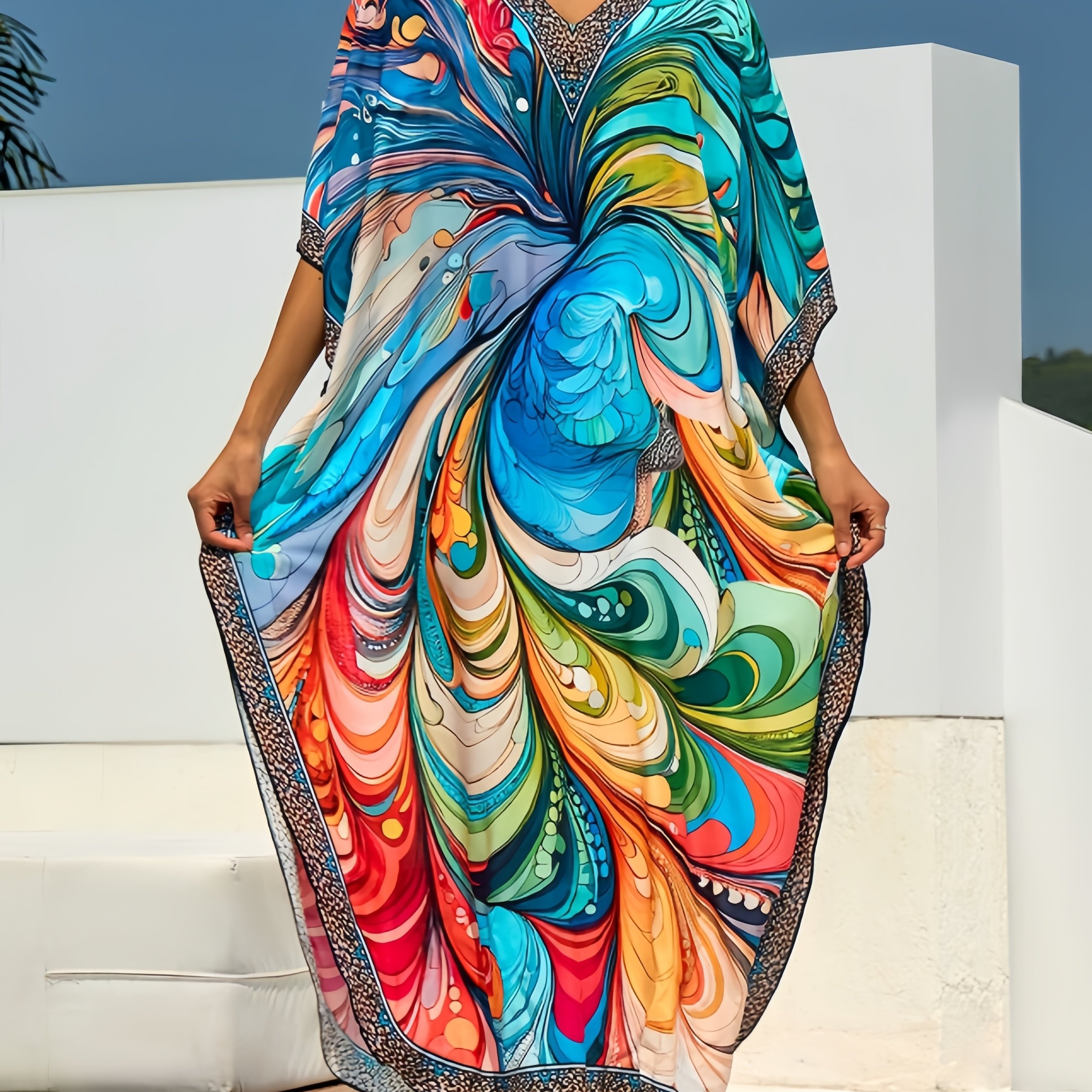 Image of Vintage Abstract Print Women's Plus Size Dress Loose Bohemian Beach Cover-up Dress Women's Resort Robe Q1690