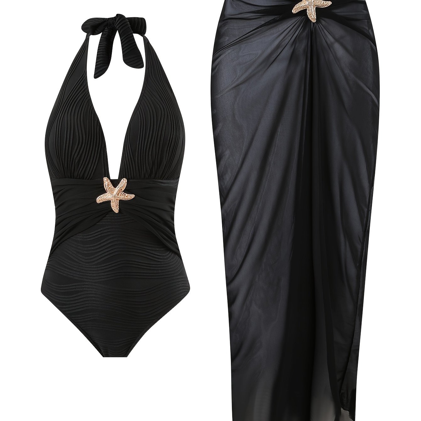 TEMU Aimeimes Two-piece Swimsuit Set - Black Starfish-embroidered One-piece Swimsuit With Ruched Detail & Neckline, High-slit Beach Skirt For Women, Swimwear|elegant Swimsuit|stretchy Fabric