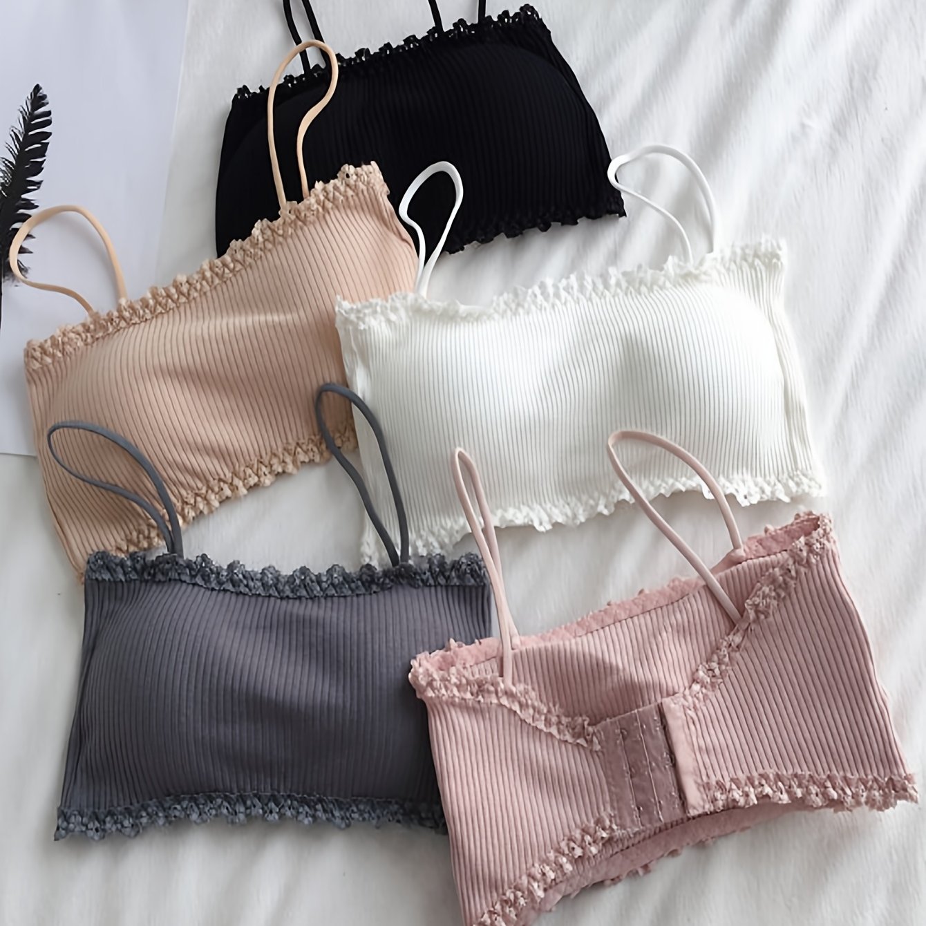 Image of 5pcs Set Of Straight Band Pure Cami Bra, Underwire-free With Chest Pad And Hook-and-eye Closure