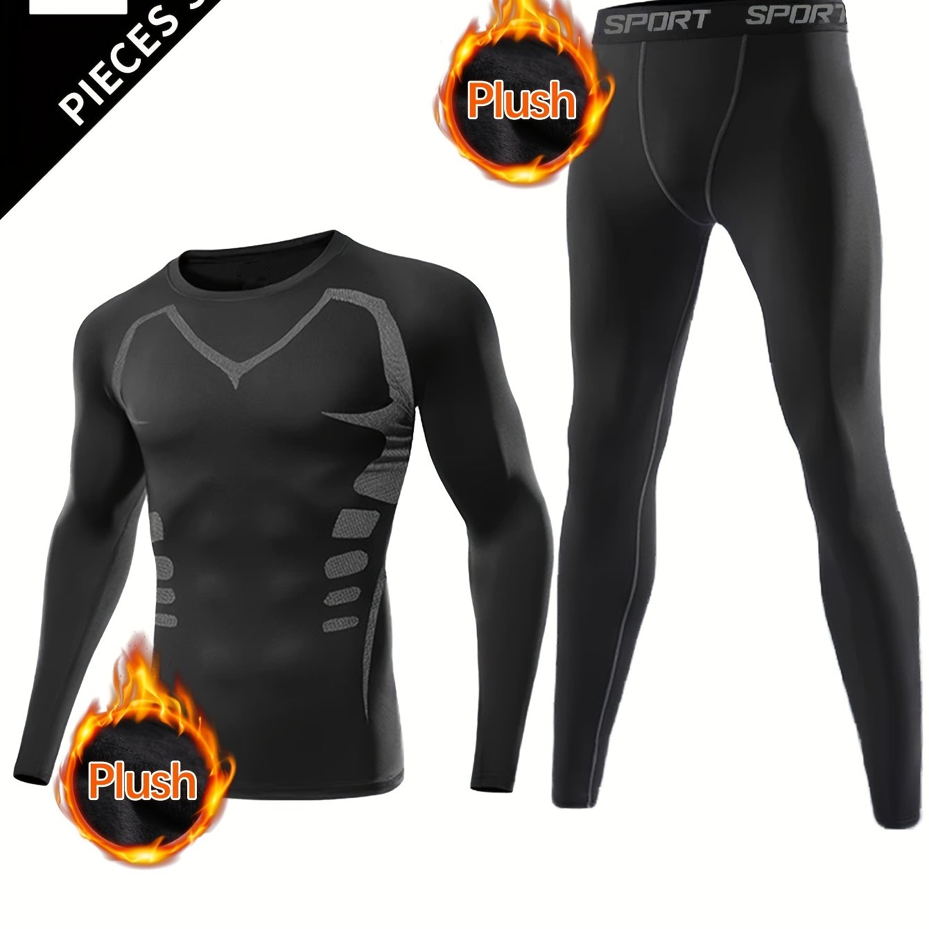 TEMU Men's 2pcs Thermal Fleece Compression Shirt & High-stretch Breathable Leggings Set - Perfect For Winter Sports & Outdoor Activities, Round Neck