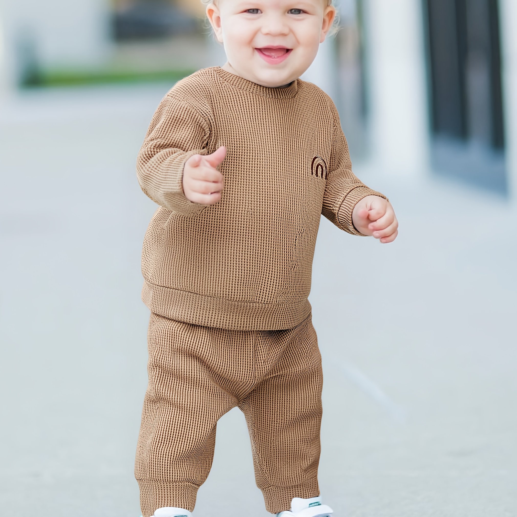Image of Waffle Knit Fabric Rainbow Embroidered Long Sleeve Crew Neck Sweatshirt + Casual Pants Set For 0-3 Year Old Boys, Perfect For Outdoor