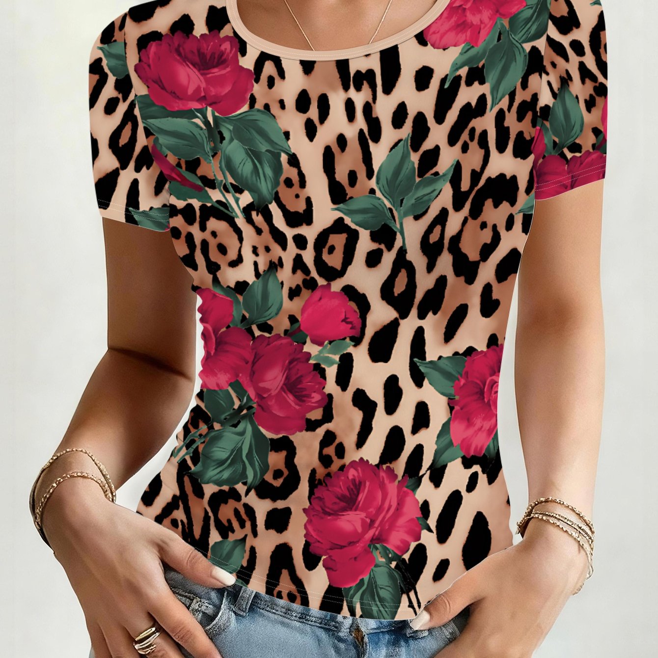 TEMU [printed Design â Not Textured] Leopard Print Rose Pattern High-quality Women's Full Print Round Neck Top, Women's Casual Short Sleeve T-shirt,
