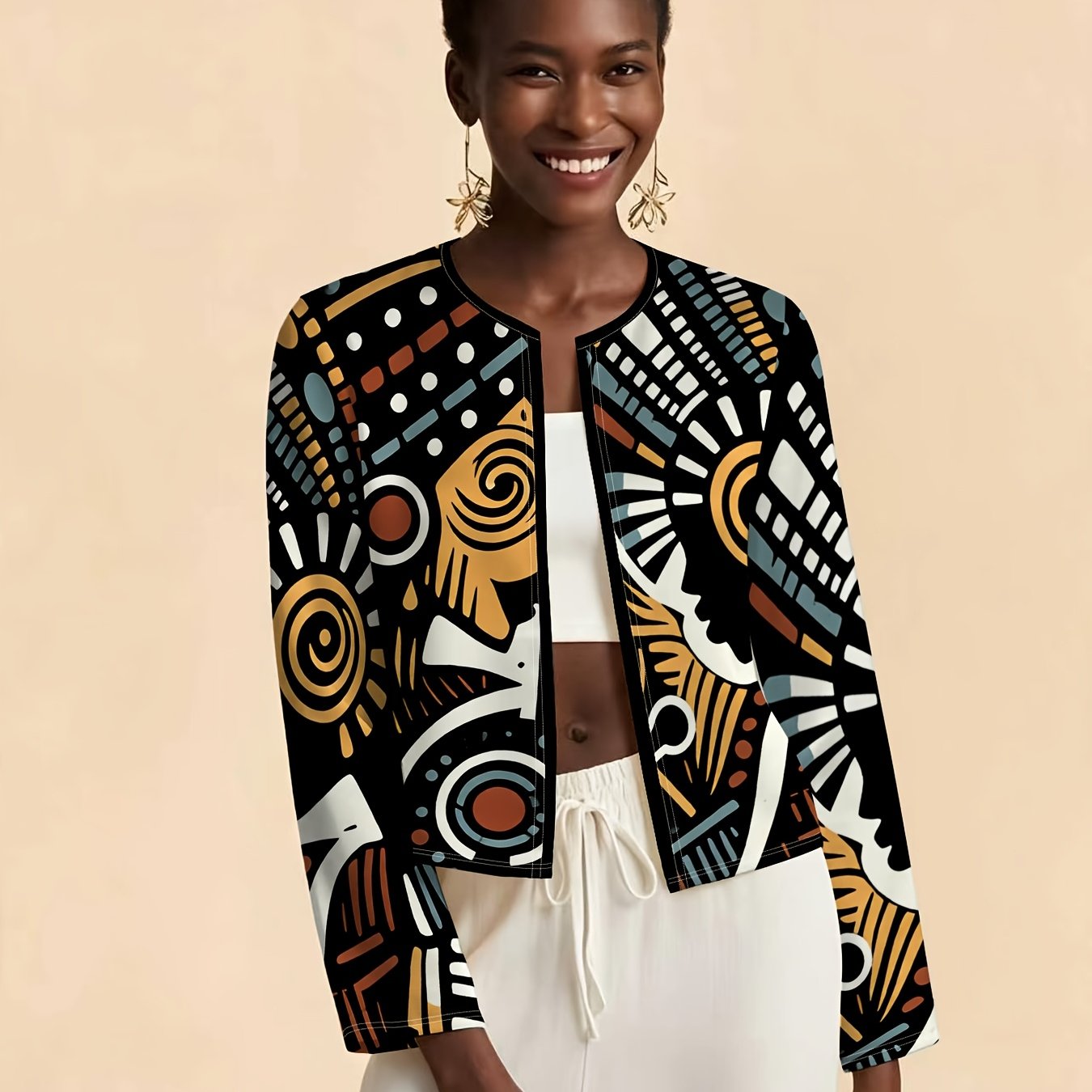 TEMU African Tribal Portrait Art Long Sleeve Jacket, Women's Size-coded Cardigan, Fashionable Casual Lightweight Outerwear, Trendy Exotic Style