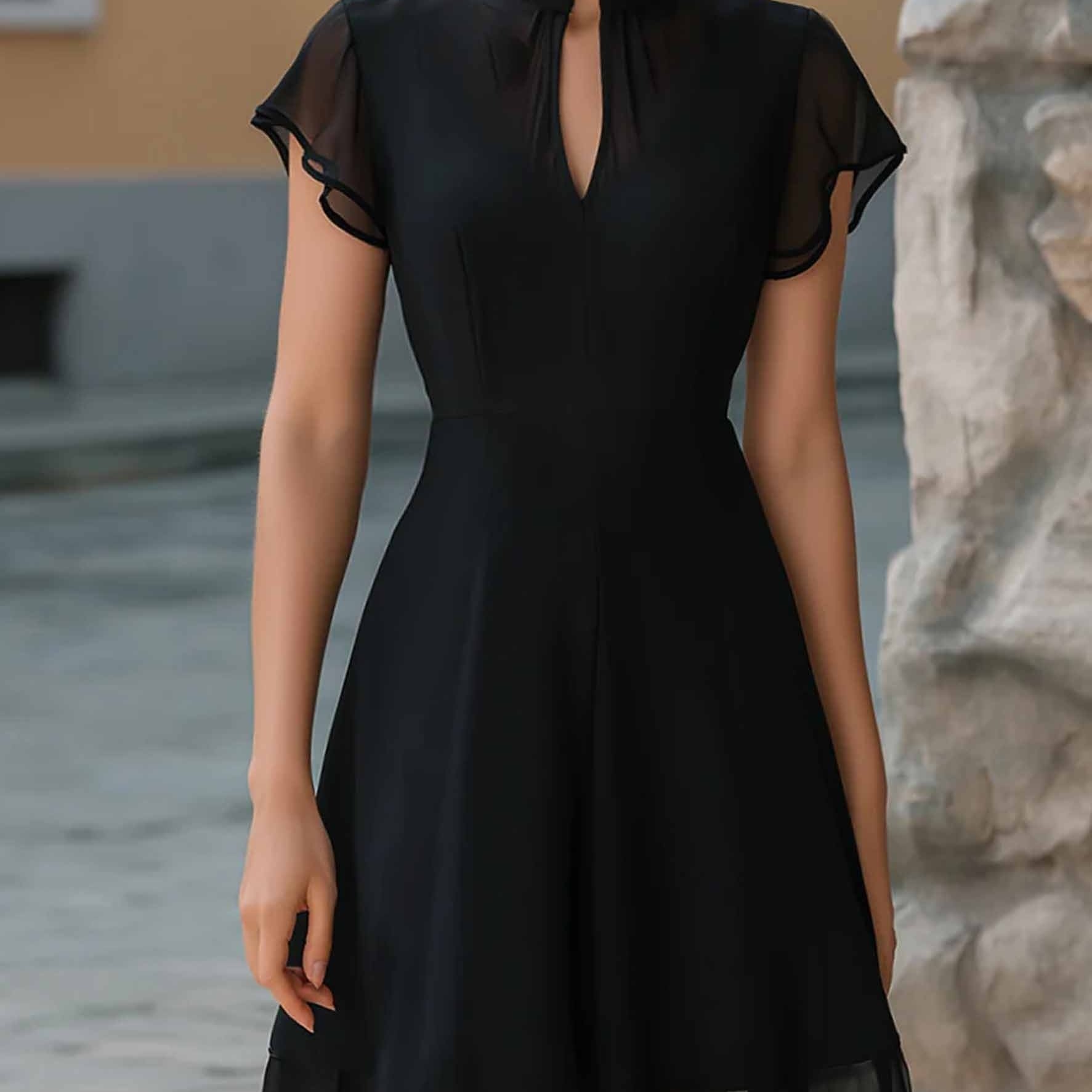 Chiffon Collar Pleated Sleeve A-line Dress