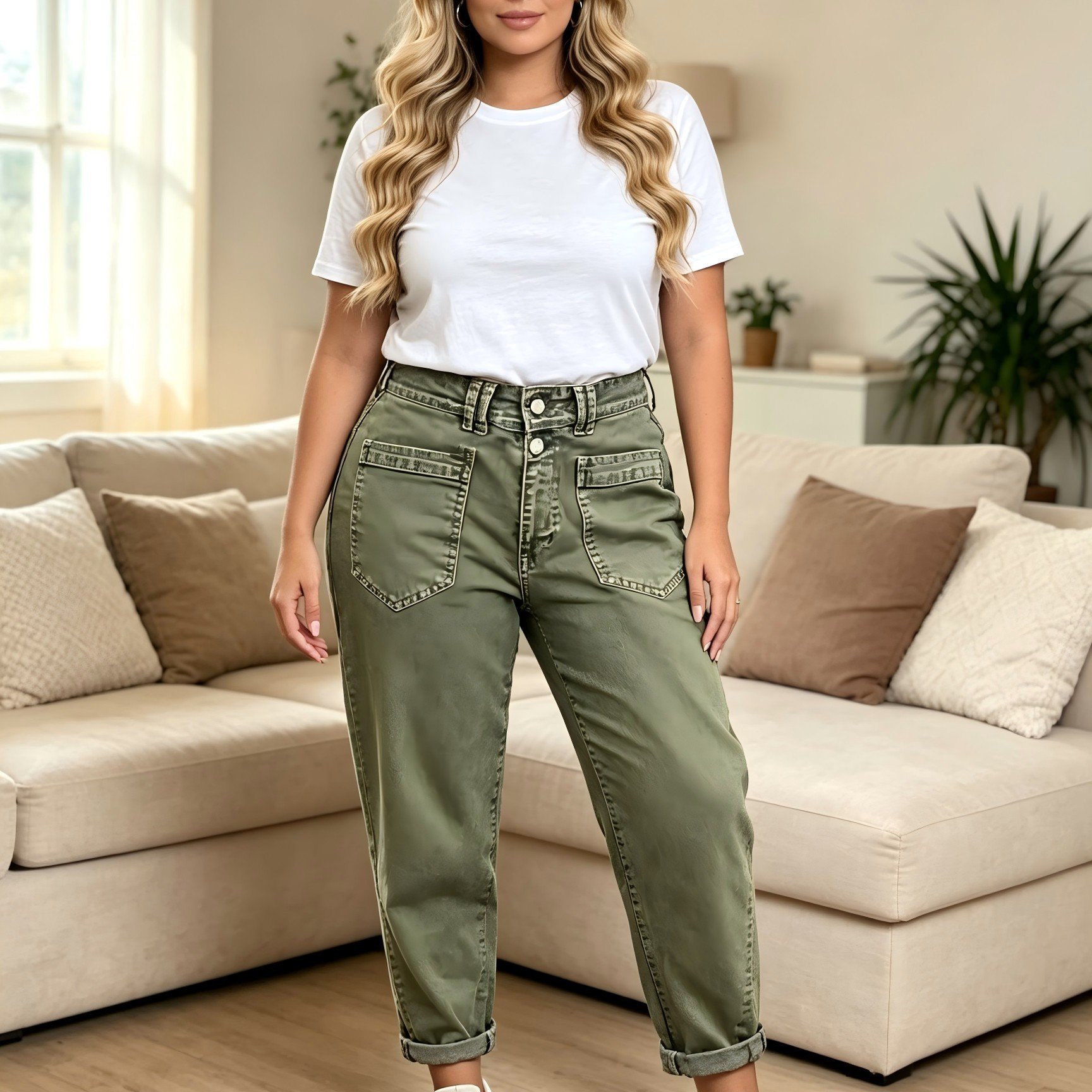 Image of [hme] Plus Size Jeans | High-waist , Contrasting Stitching Outlines Exquisite Patch Pockets, Loose Cut Friendly -size Figures, Ankle-length Trousers Suitable For Commuting, , And Daily Wear