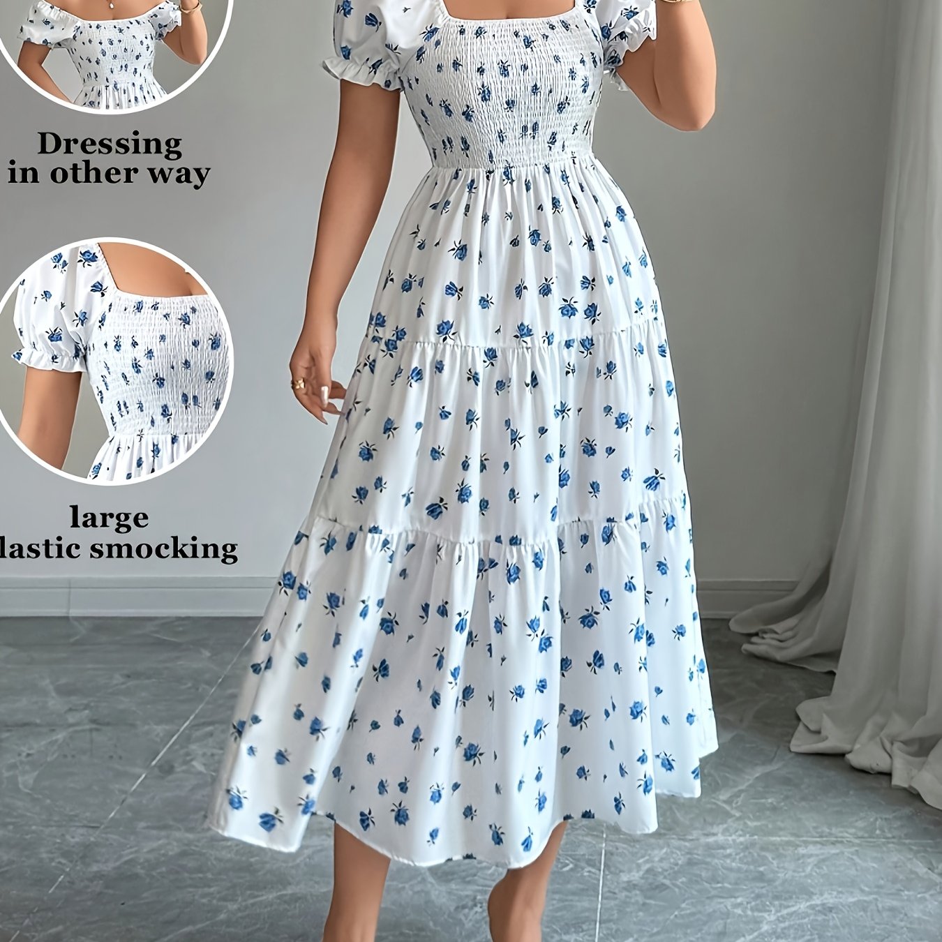 TEMU Elegant Square Neck Cinched Waist Floral Print Women's Midi Dress
