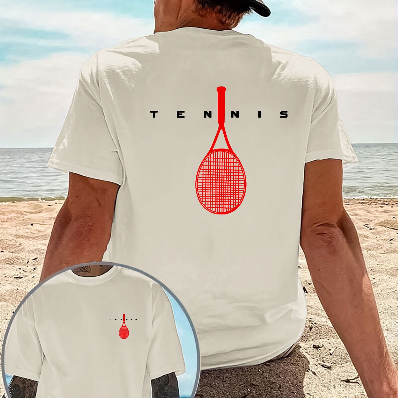 TEMU Men's Tennis-themed T-shirt - Short Sleeve Breathable Round Neck Casual Top With Tennis Racket Print, Suitable For Home, Outdoor Sports, Spring