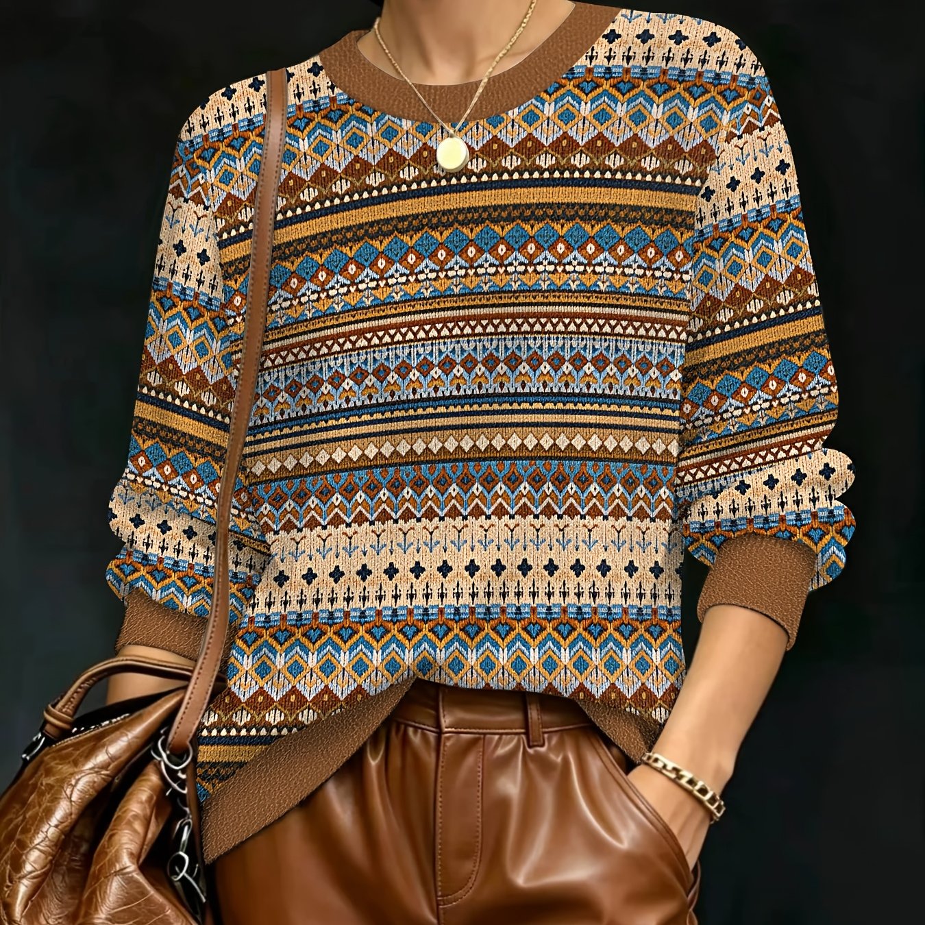 TEMU Women's Fall Winter New Thick Printed Loose Crew Neck Pullover Fashion Casual Long Sleeve Warm Top Versatile Slim Layer Sweater Soft Fabric