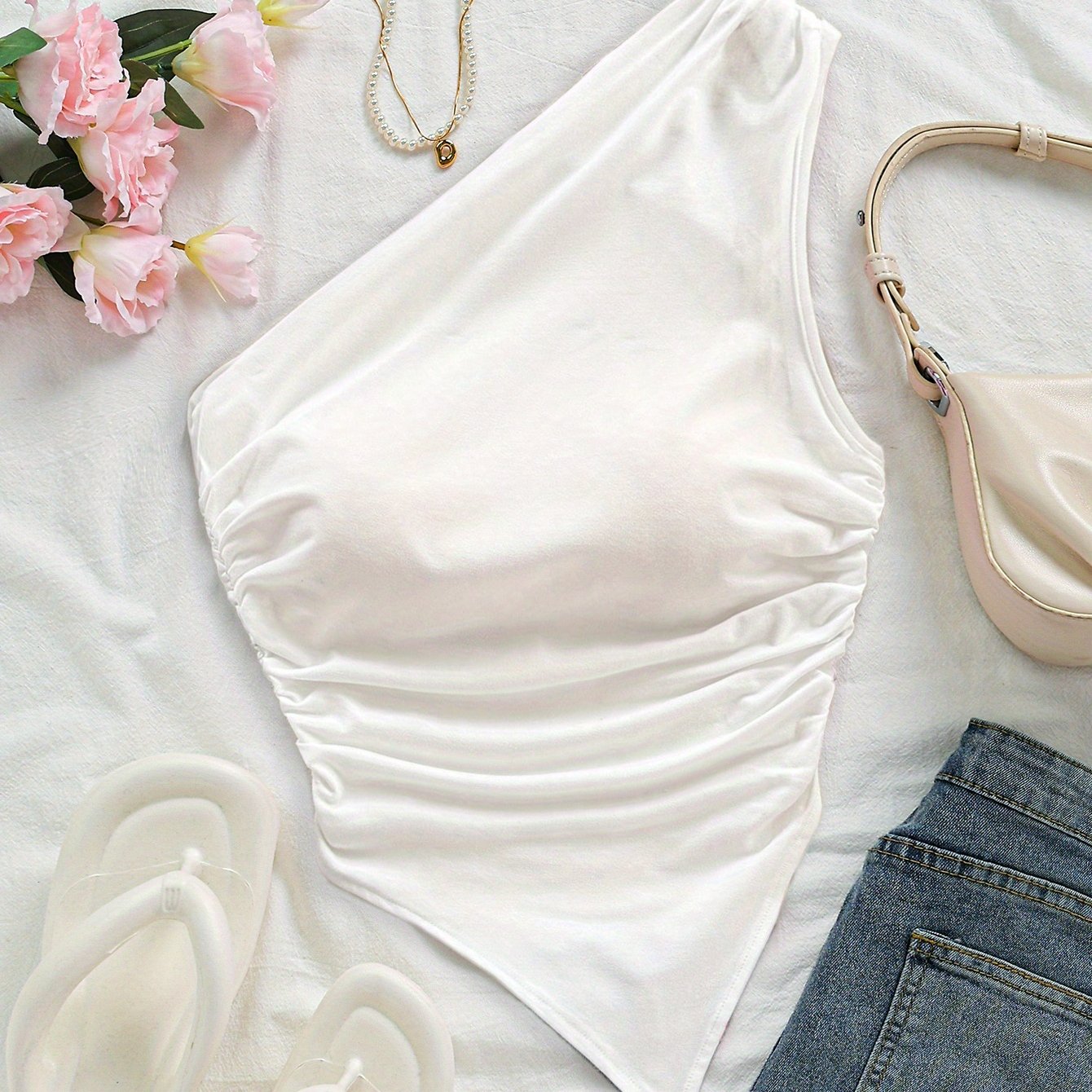 TEMU Chaleco elegante de mujer con hombros descubiertos, asimétrico, con cuello fruncido - liso, de elasticidad, top sin , adecuado para atuendos