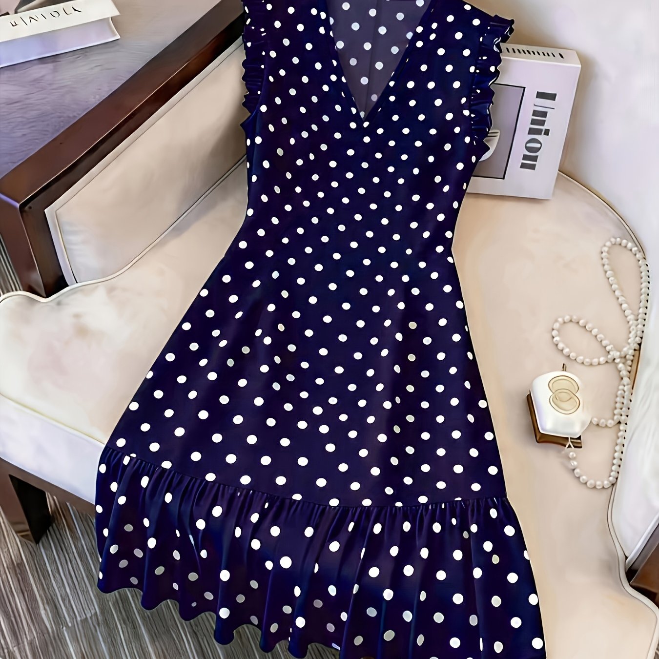 TEMU Summer Polka Dot V-neck Puff Sleeve Beautiful Dress Women's