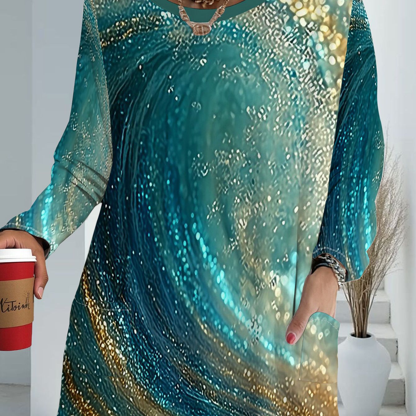 TEMU Women's Plus Size Fashion Sequin Long Sleeve T-shirt With Pockets, Loose Fit Printed Top, Trendy Versatile Base Layer Jacket