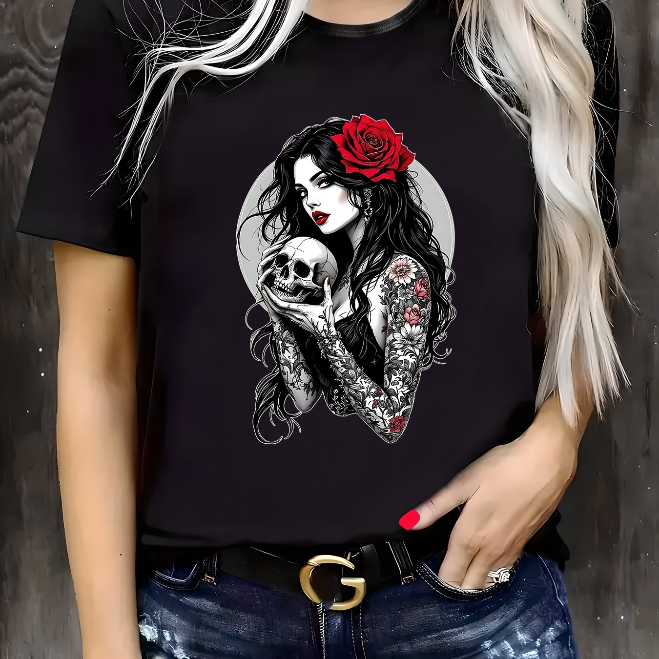 TEMU Print Women's Casual T-shirt, Round Neck, Short Sleeved, Slightly Elastic Fabric, Regular Style, Comfortable Top For Women Clothes