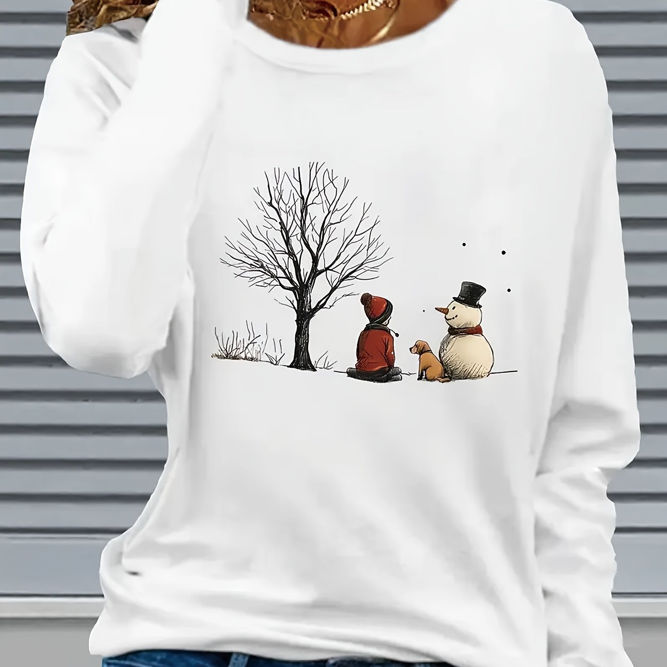 TEMU Women's Long-sleeve T-shirt Featuring A Snowman And Dog Print - A Cozy, Round-neck Casual Top For Winter, Machine Washable, Suitable For Regular