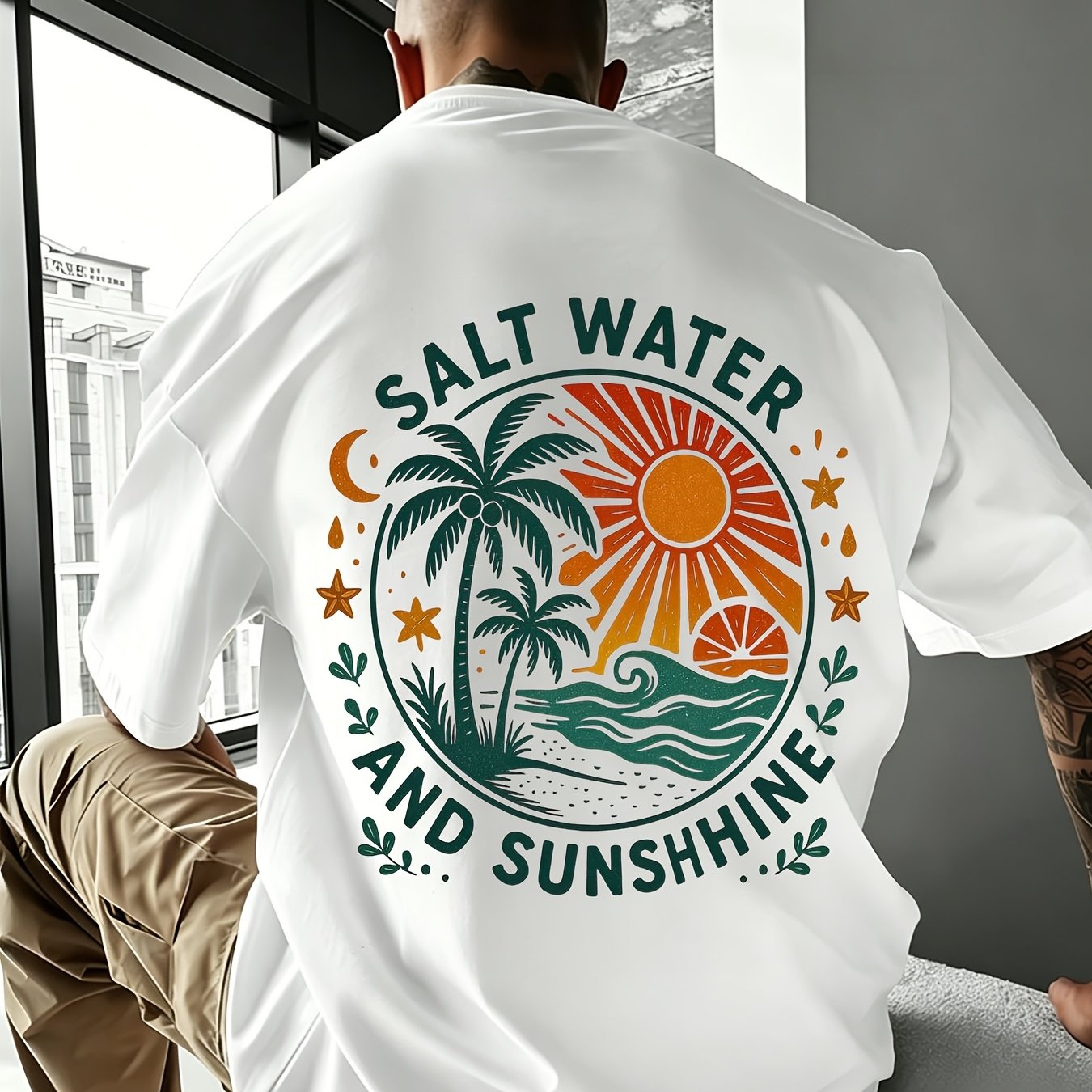 Men's Salt Water Sunshine Tee - Vintage Badge Palm Print -summer Beach White T-shirt - Sunset Wave Graphic Back - Casual Vacation Street Top
