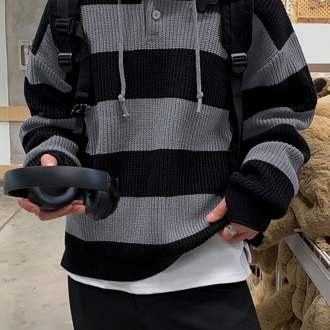 TEMU Autumn Winter Warm Striped New Versatile Casual Men's Knit Pullover Sweatshirt With Drawstring And Button Hood, Long Sleeve For Work, School,