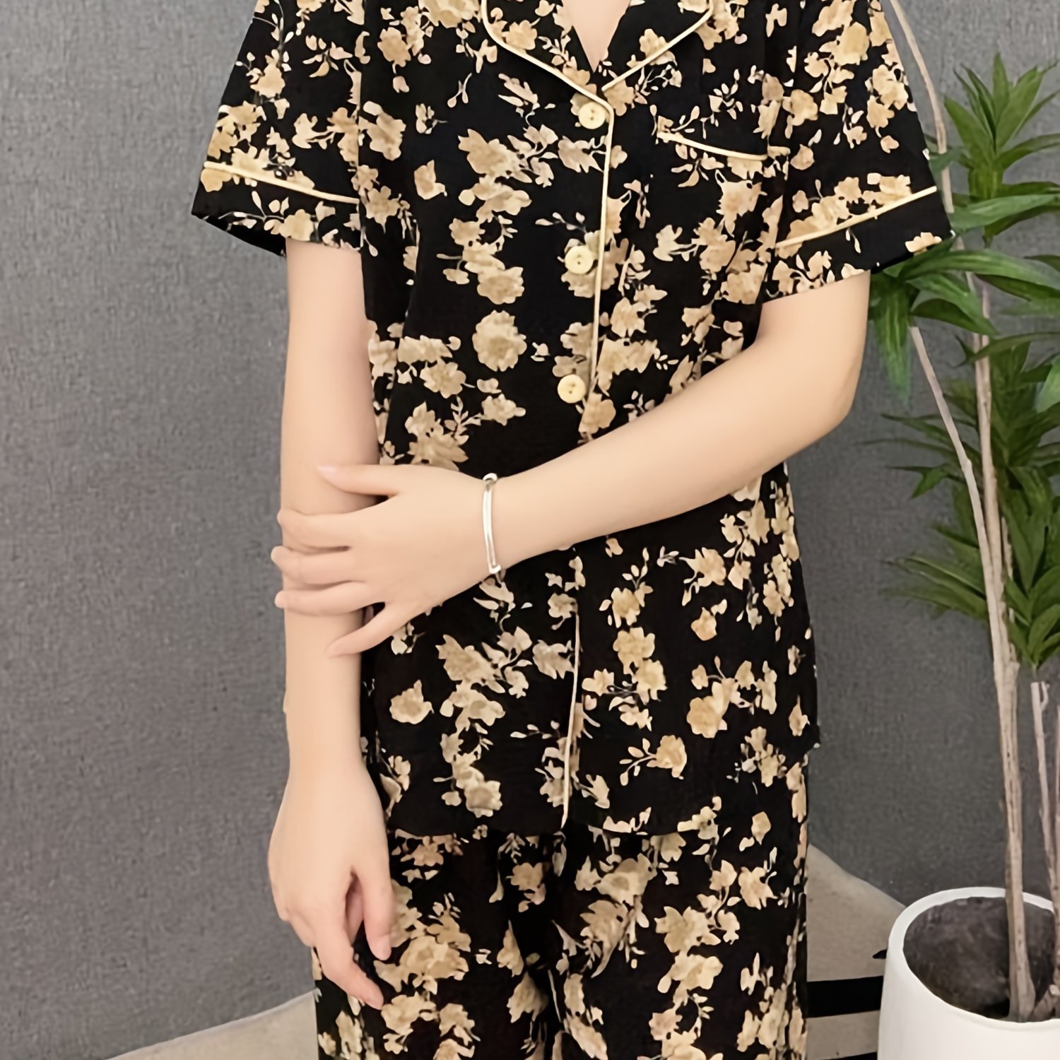 Image of Women's Chic Ditsy Floral Print Pajama Set - Comfortable Elegant Short Sleeve Button-up Top And Elastic Waistband Pants, Ladies' Sleepwear And Loungewear, Cozy Outdoor Outfit