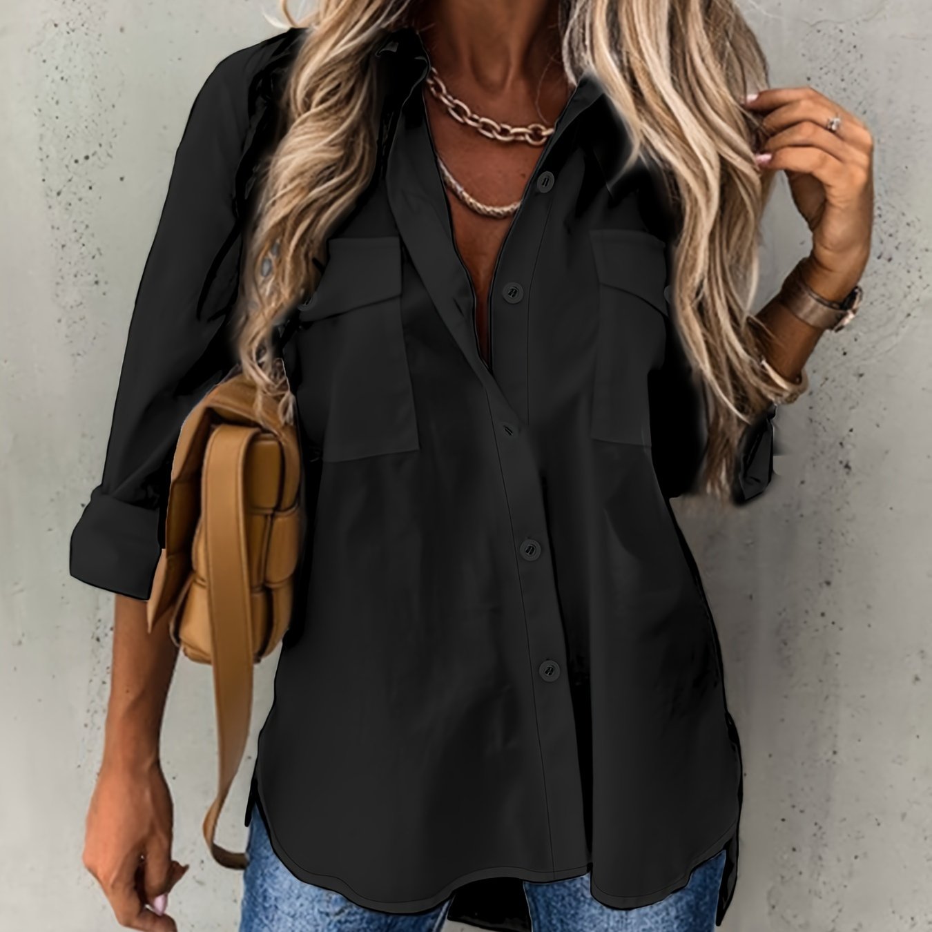 TEMU Button Front Long Sleeve Shirt, Casual Solid Office Shirt With Collar, Women's Clothing