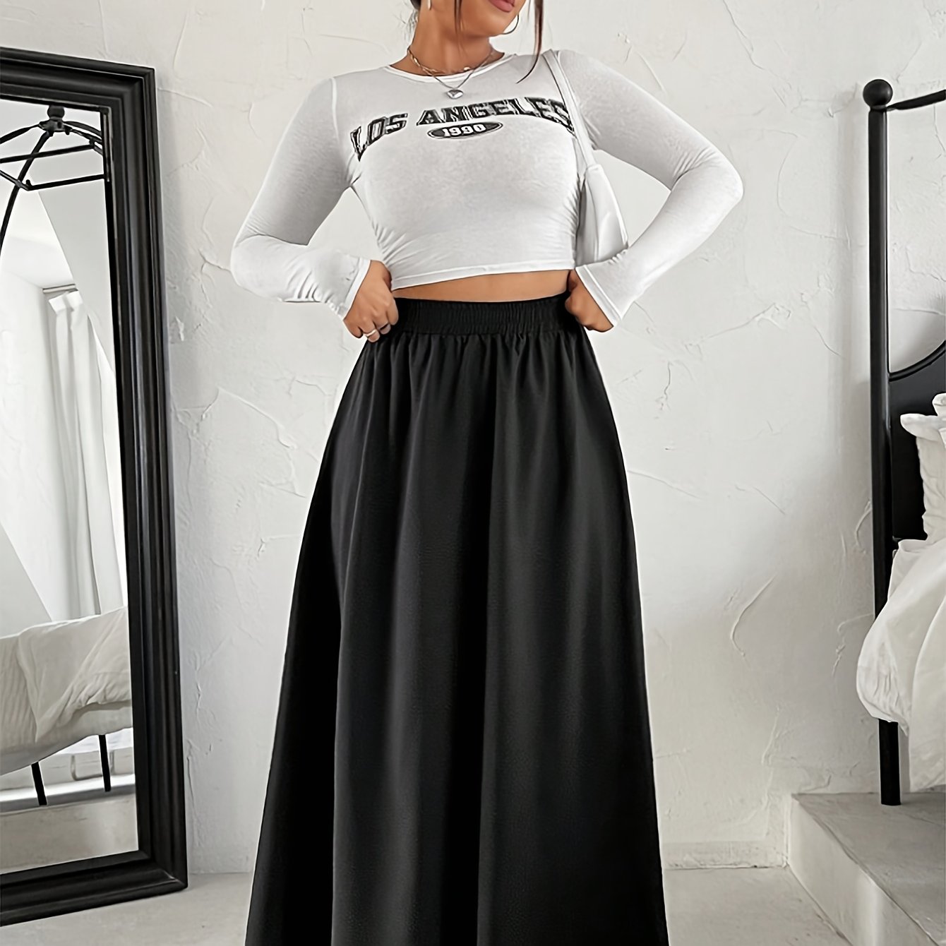 E-shop Damen-Mode-Rock in Übergröße, Rock in Übergröße mit hochelastischem Bund, A-Linien-Schwülerrock, Halbrock, Maxirock mit lockerer Passform, für