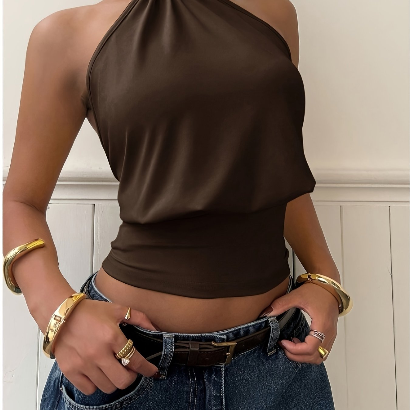 TEMU Women's French Vintage Halter Neck Backless Top - Stretch Sleeveless Shirt, Dark Brown High Neck Suitable For Daily Commute, Vacation, Date,