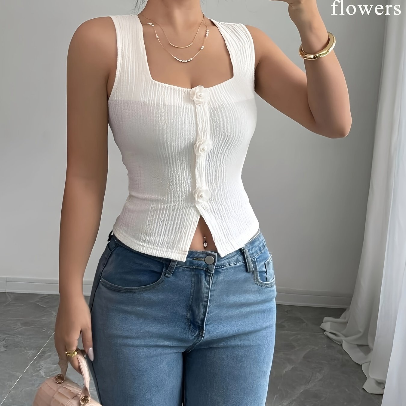 E-shop Sommerliche, stylische Damen-Top mit französischem 3D-Blumenmuster, breiten Trägern, eckigem Ausschnitt und kurzer, figurbetonter Tankstute,