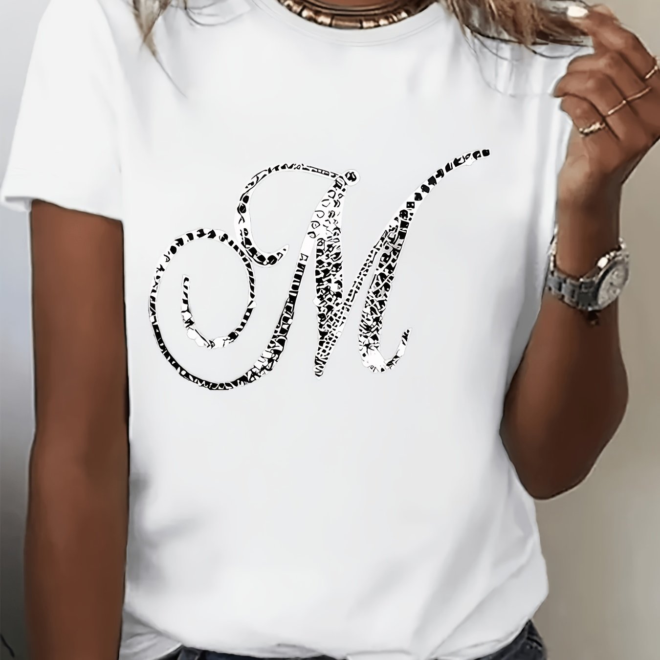 TEMU Women's Loose-fit Casual Versatile Basic Leopard Print Letter "m" Graphic T-shirt, Short Sleeve Top - Circle Circle