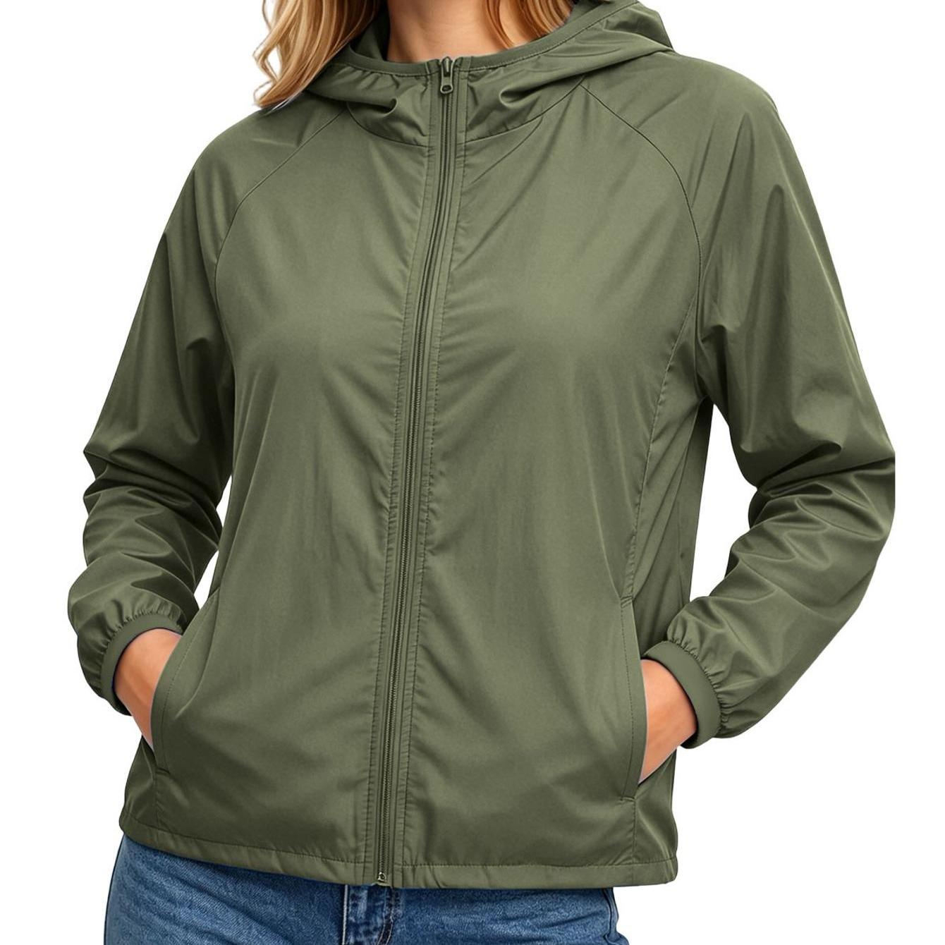 Image of Women's Summer Fashion Solid Color Long-sleeve Zipper Sunscreen Jacket, Suitable For Outdoor Vacation Lightweight Minimalist Pockets Outerwear, With Modern Trendy Feminine Style