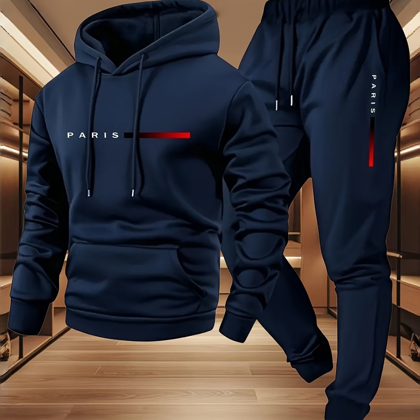 E-shop Halloween Herren Paris Buchstaben Print Kapuzenpullover und Sweatpants Set mit Kordelzug, ein Must-Have für Herbst und Winter, geeignet für den