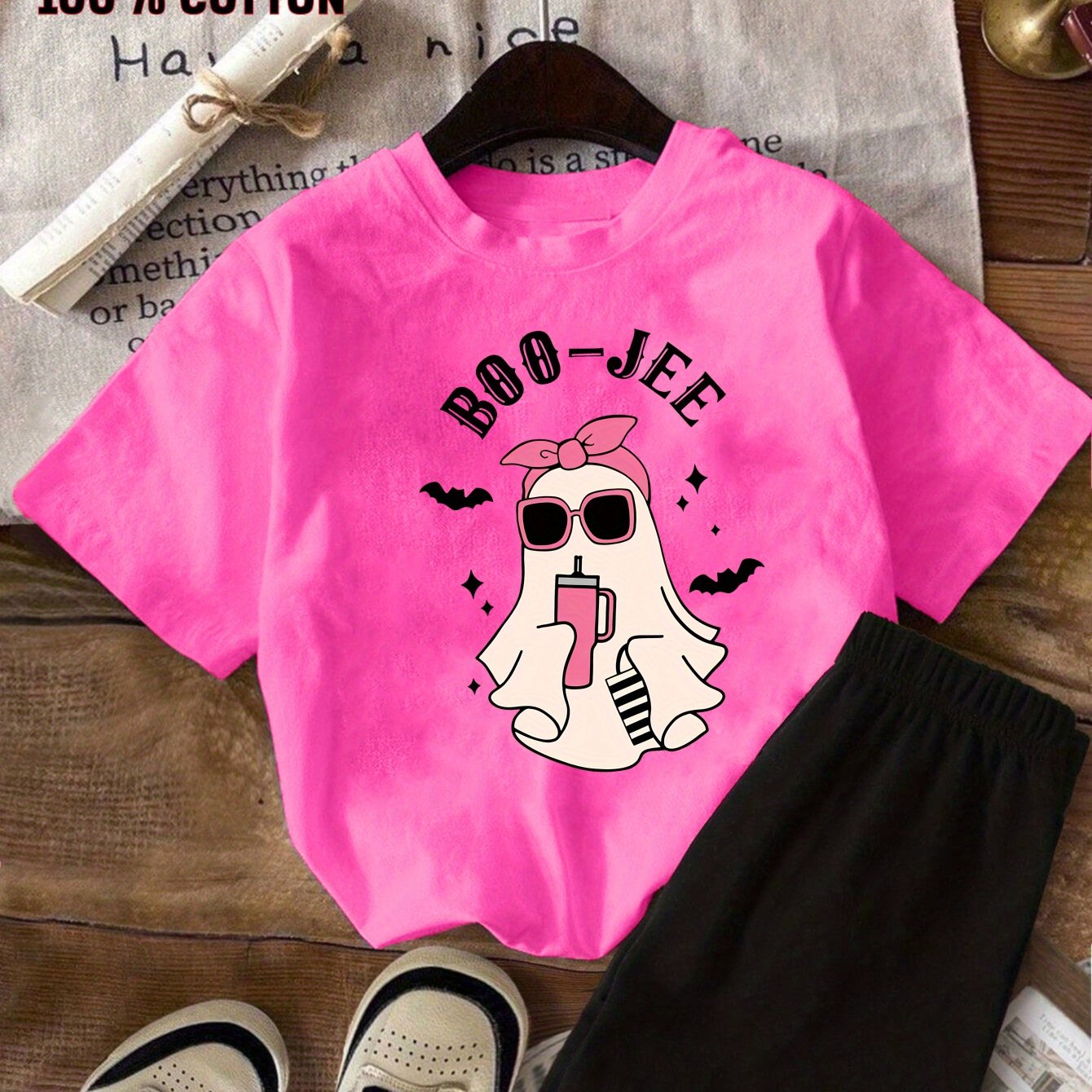 TEMU Halloween Day 2pcs New Pink T Shirt With Boo Jee Print Short Sleeved 100% Cotton T-shirt And Shorts 2pcs Set Perfect For Outdoor, Perfect For Outdoor