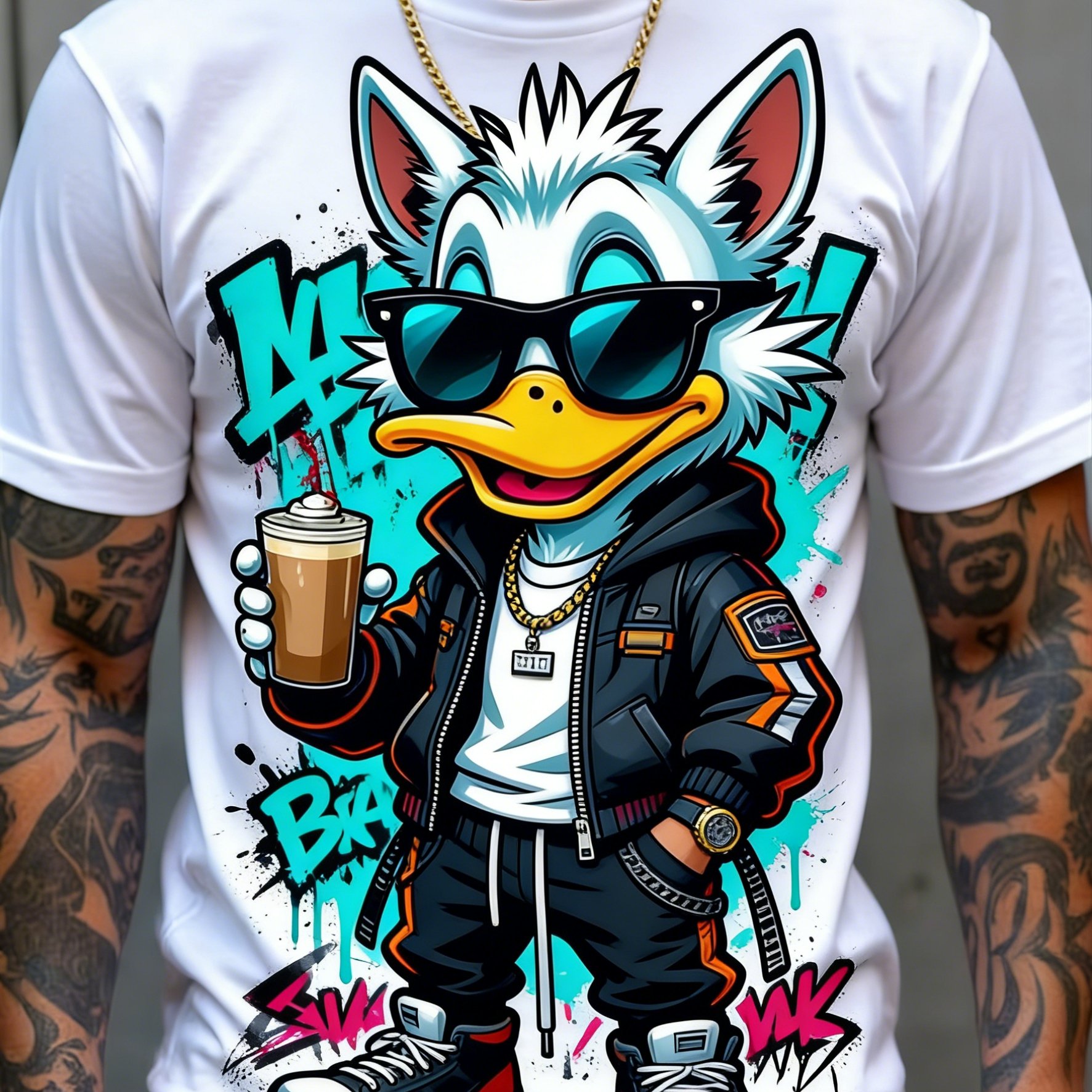 TEMU Men's & Women's Cool Cartoon Duck With Fashion Glasses Holding Drink, Graffiti Background Unisex 100% Cotton T-shirt, Soft Casual Tee, Daily