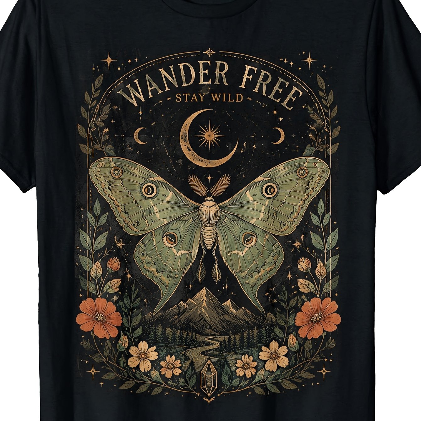 Image of Men's Vintage Retro T-shirt With Celestial Moon & Wild Floral Moth Print - Short Sleeve Crew Neck Casual Streetwear Suitable For Daily Wear, , Weekend Outfits - Machine Washable Regular Fit Apparel